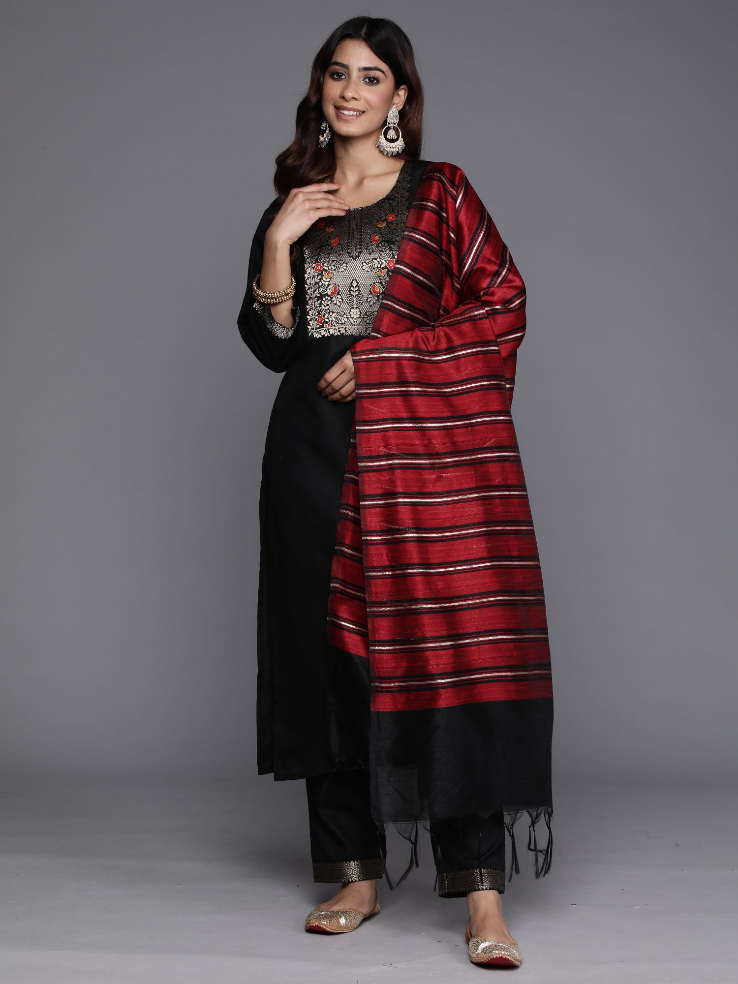Black Yoke Design Straight Kurta Trousers With Dupatta Set