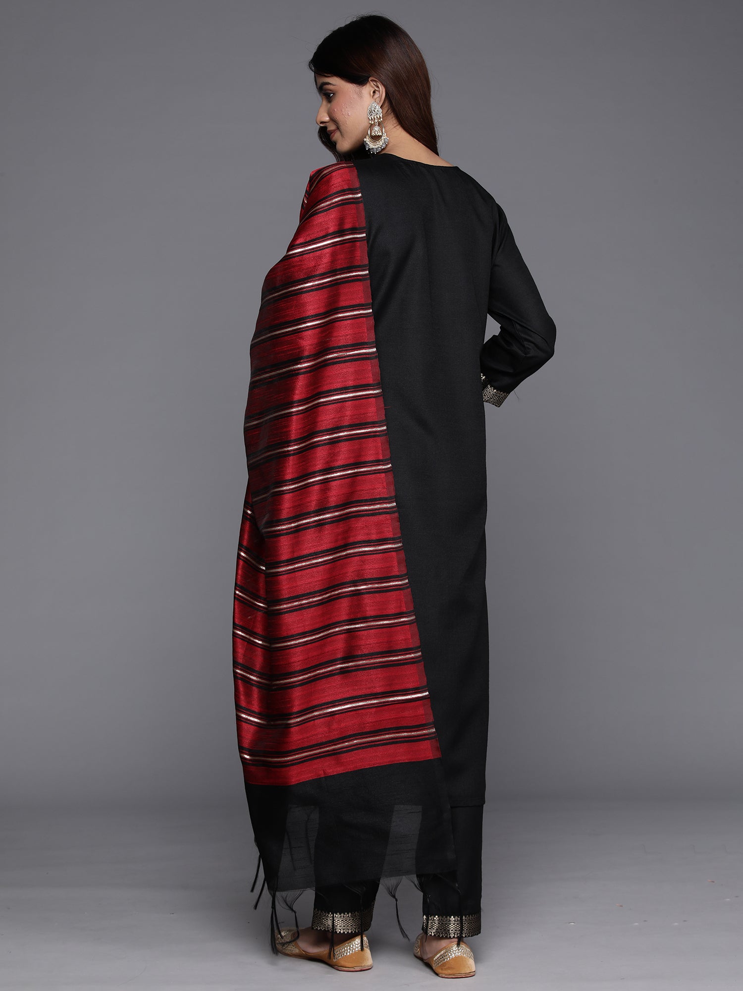 Black Yoke Design Straight Kurta Trousers With Dupatta Set