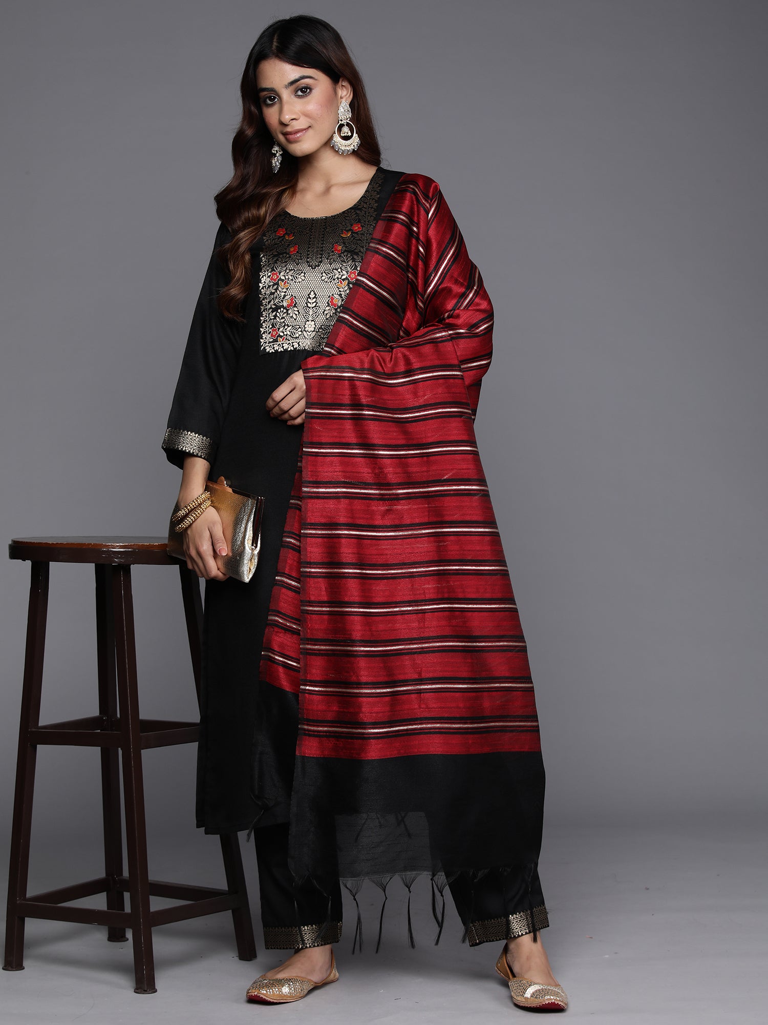 Black Yoke Design Straight Kurta Trousers With Dupatta Set
