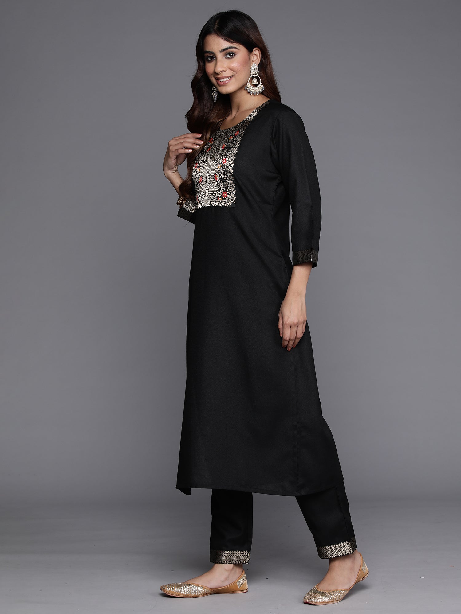 Black Yoke Design Straight Kurta Trousers With Dupatta Set