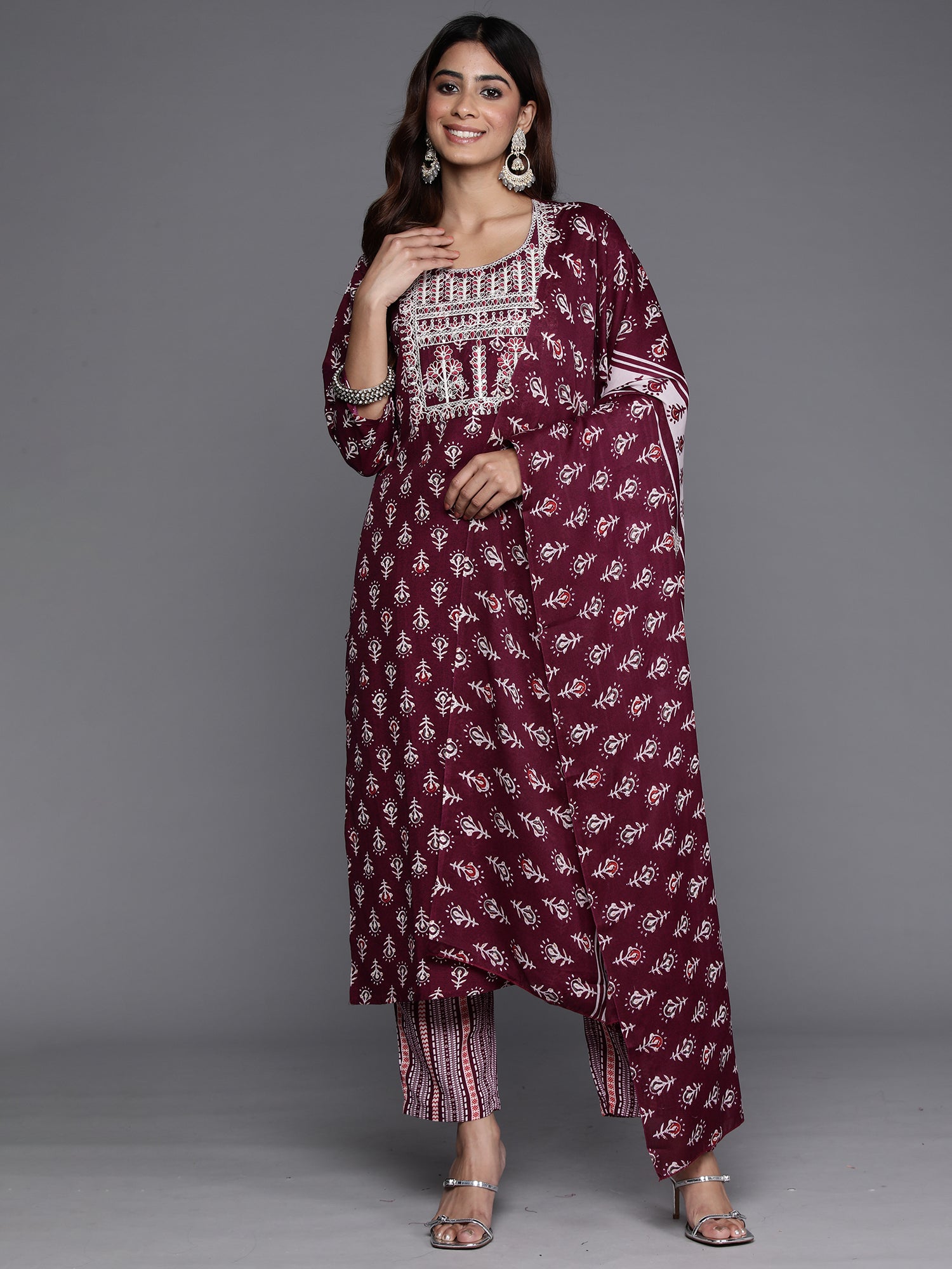 Burgundy Printed Straight Kurta Trousers With Dupatta Set