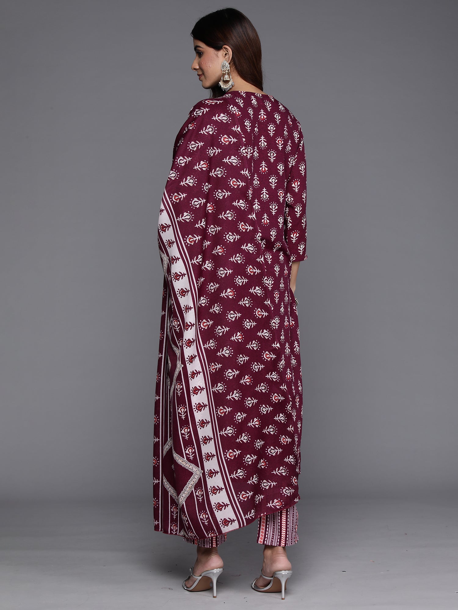 Burgundy Printed Straight Kurta Trousers With Dupatta Set