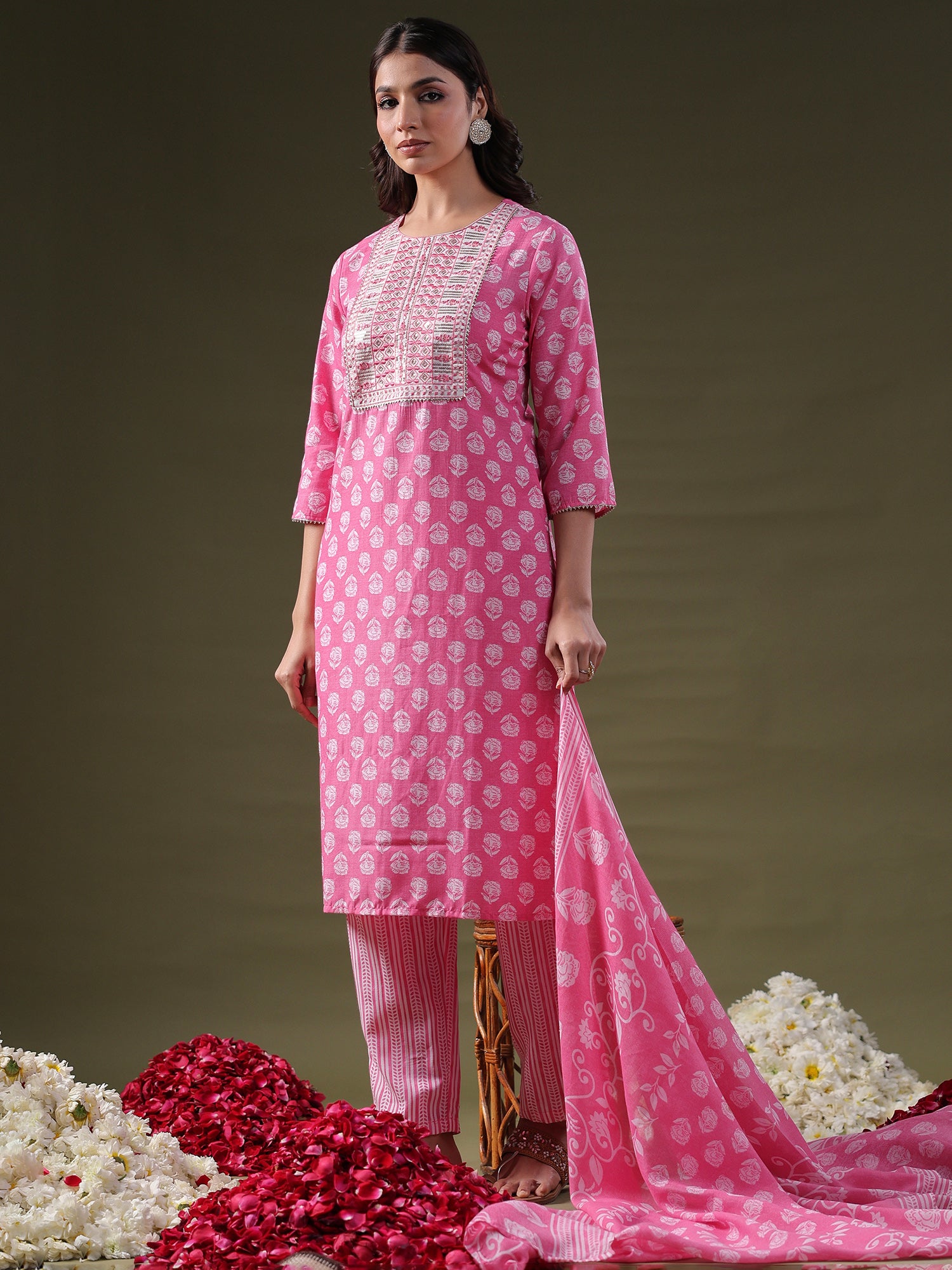 Pink Printed Straight Kurta Trousers With Dupatta Set