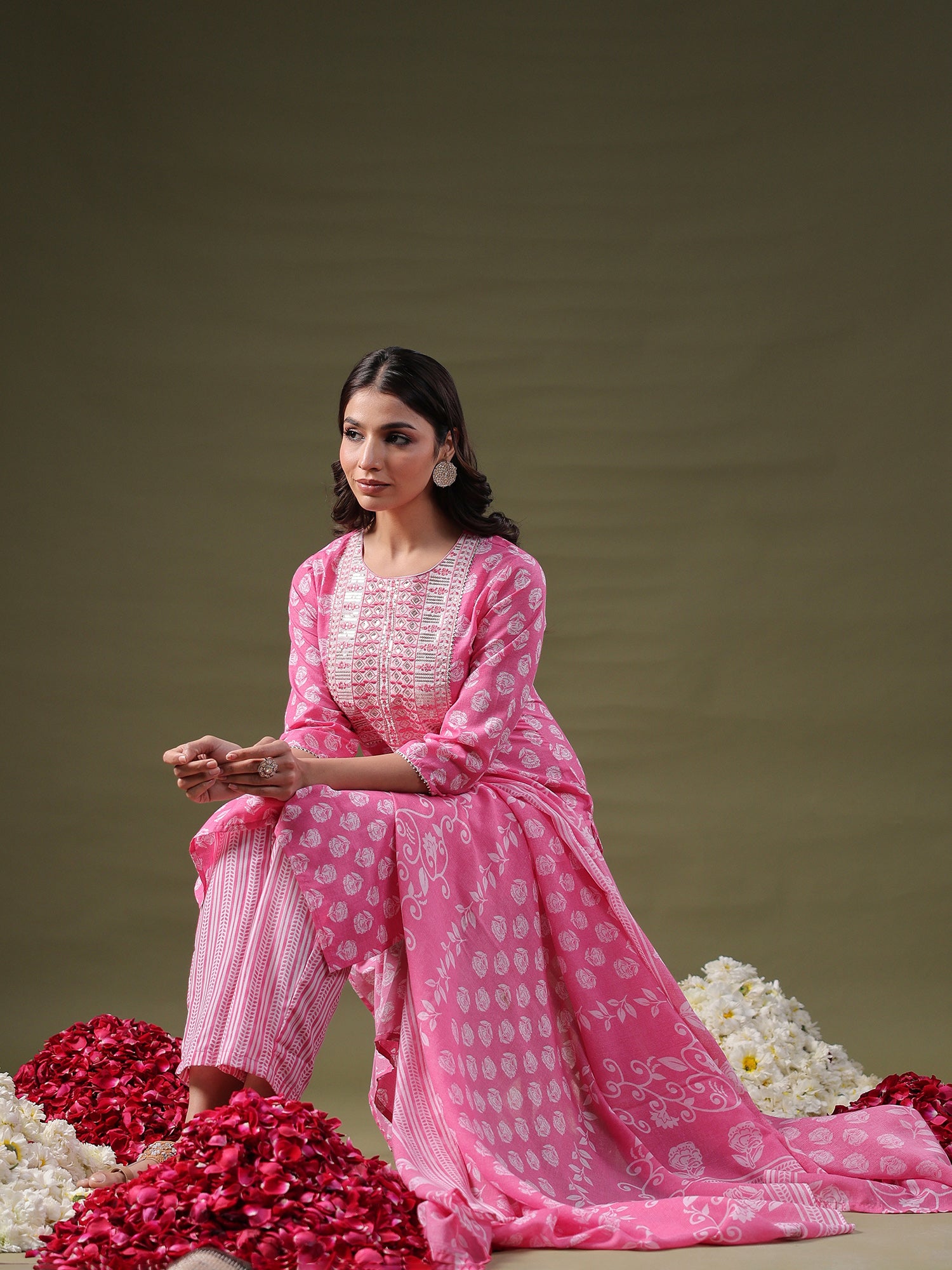 Pink Printed Straight Kurta Trousers With Dupatta Set