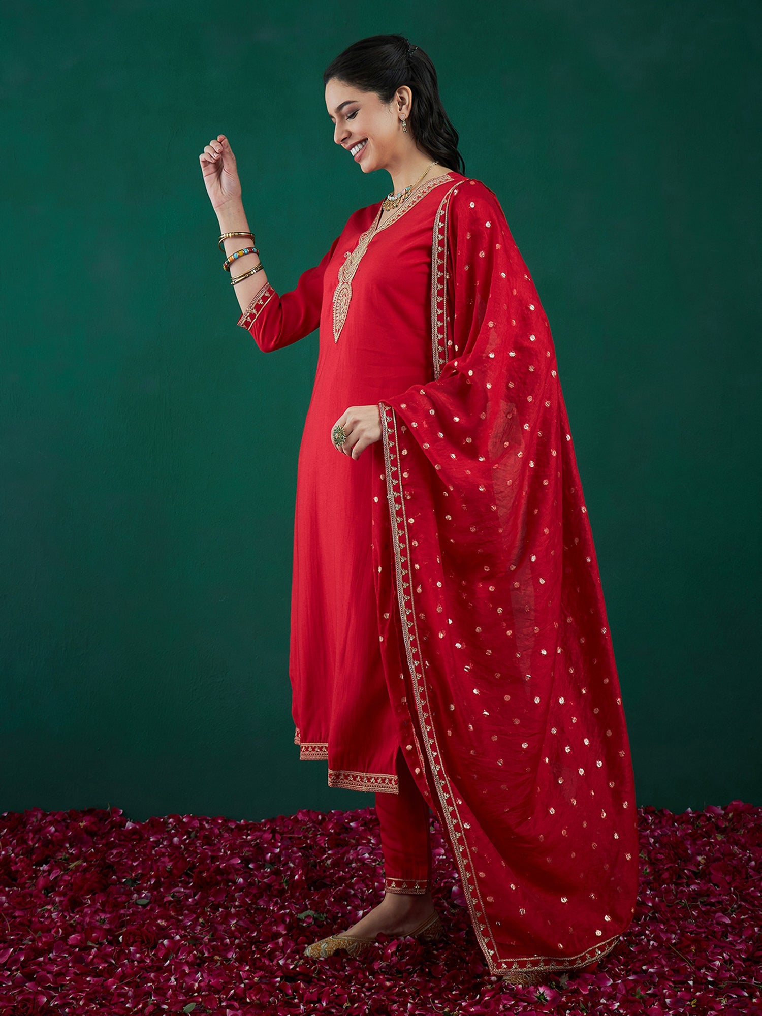 Red Embroidered Straight Kurta Trousers With Dupatta Set