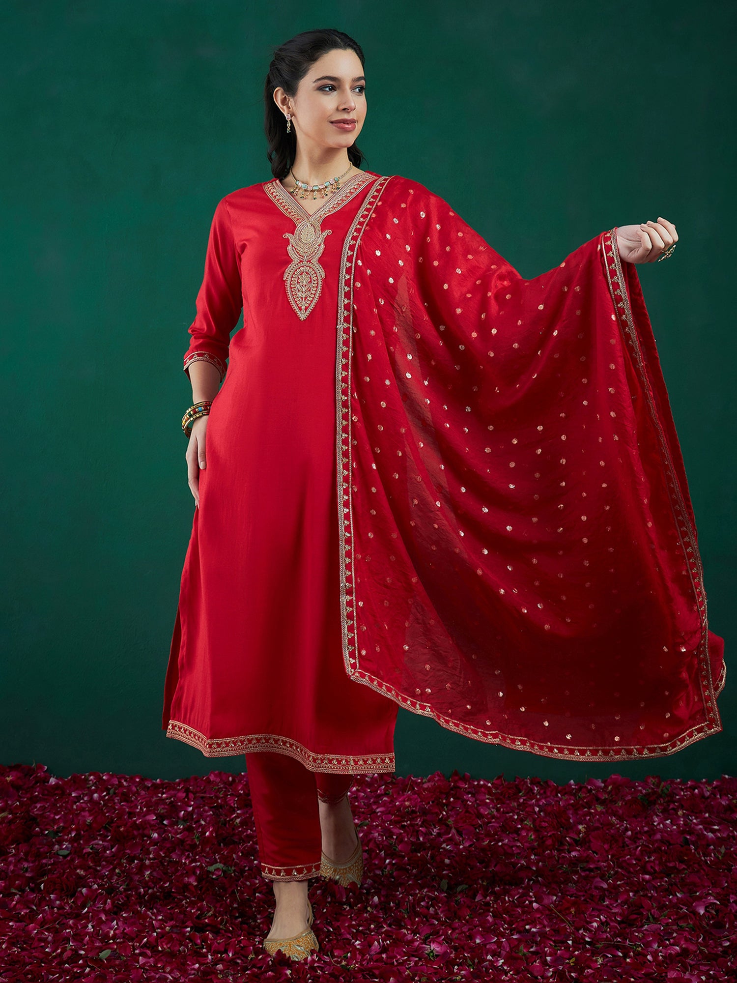 Red Embroidered Straight Kurta Trousers With Dupatta Set