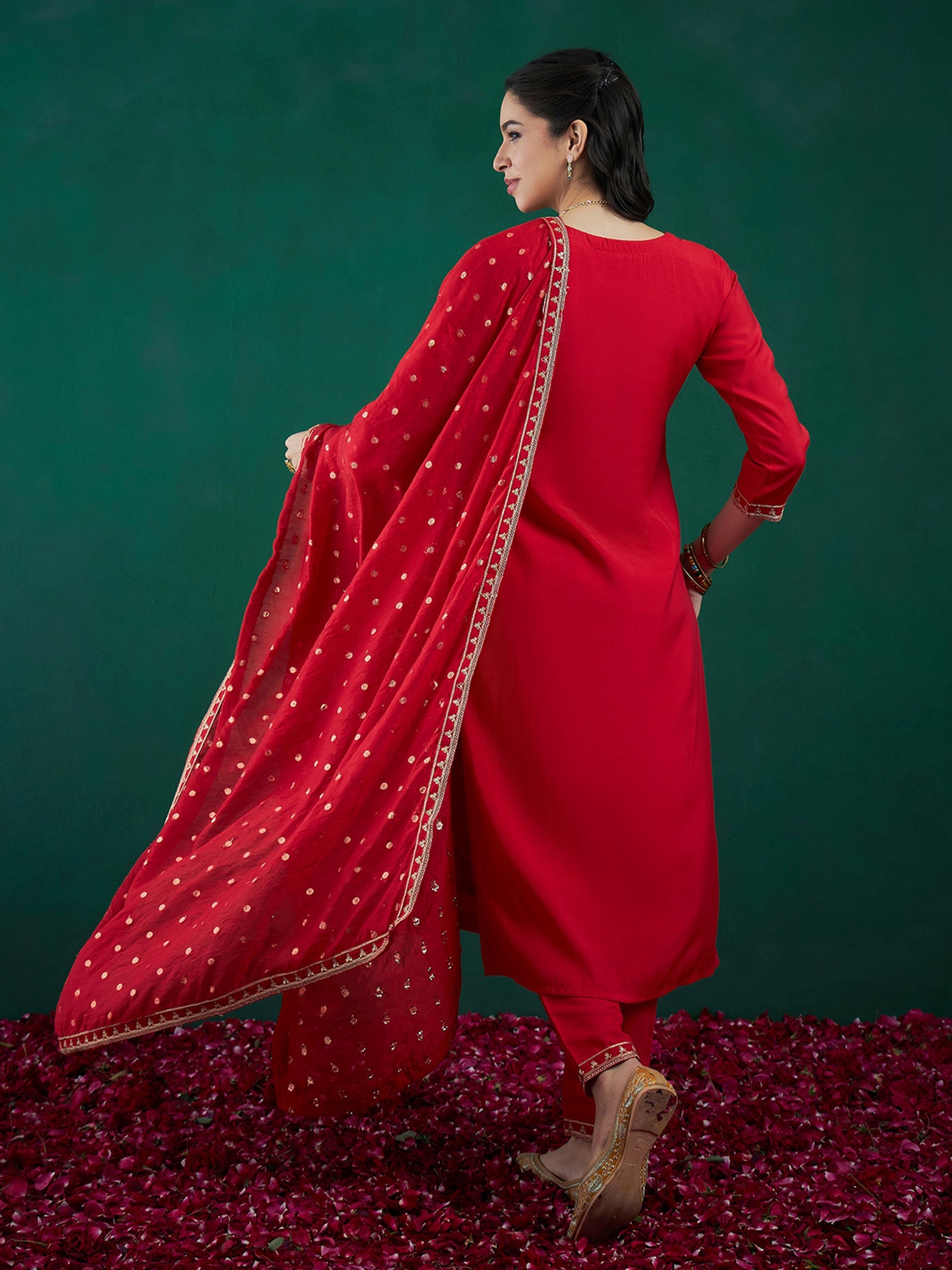 Red Embroidered Straight Kurta Trousers With Dupatta Set