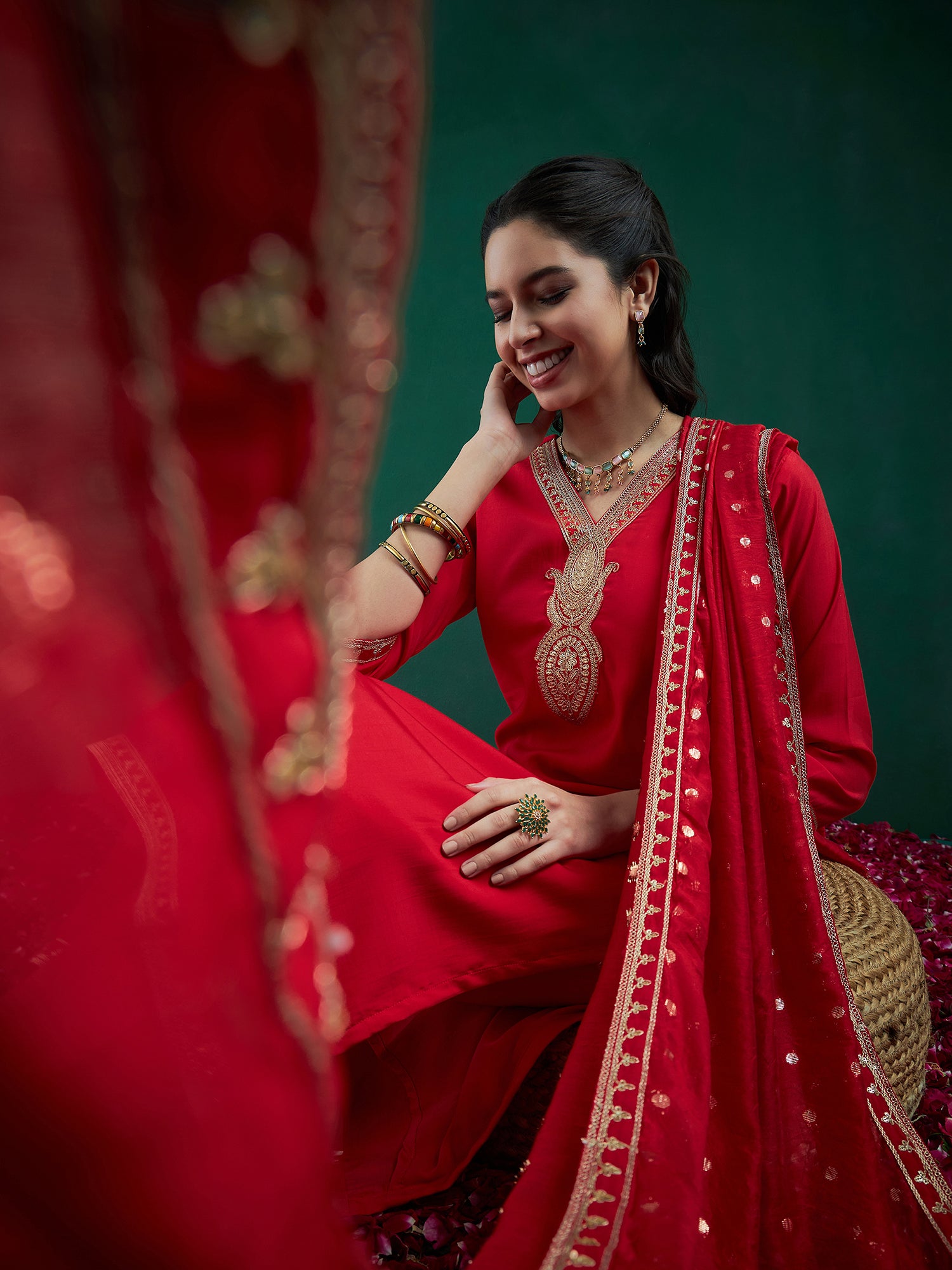 Red Embroidered Straight Kurta Trousers With Dupatta Set