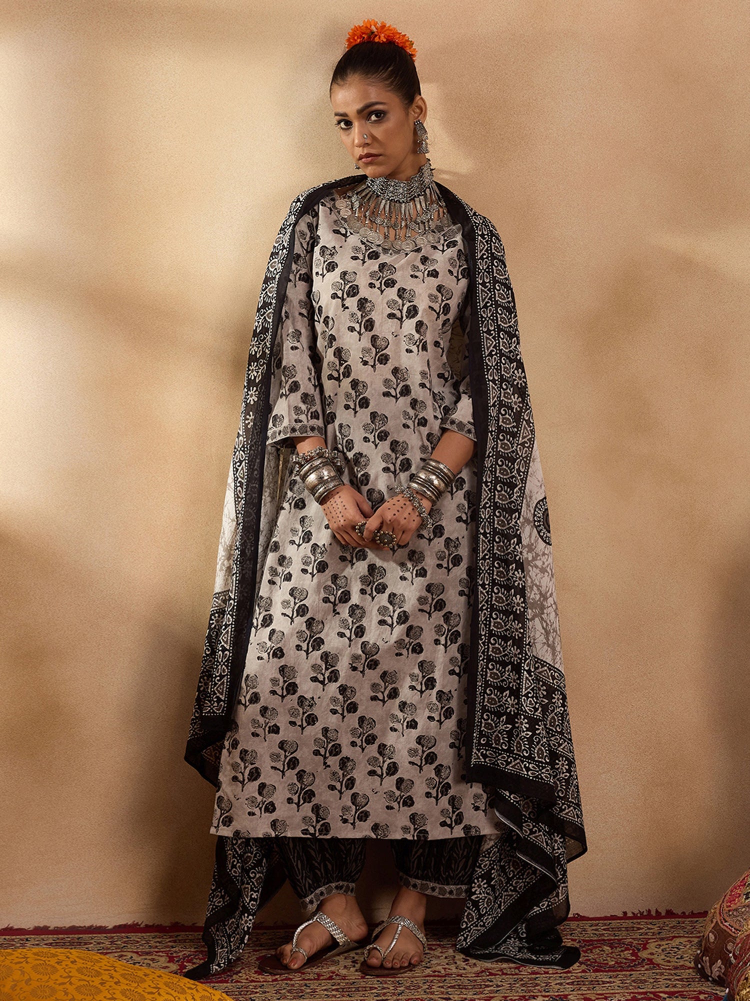 Grey Printed Straight Kurta Trousers With Dupatta set