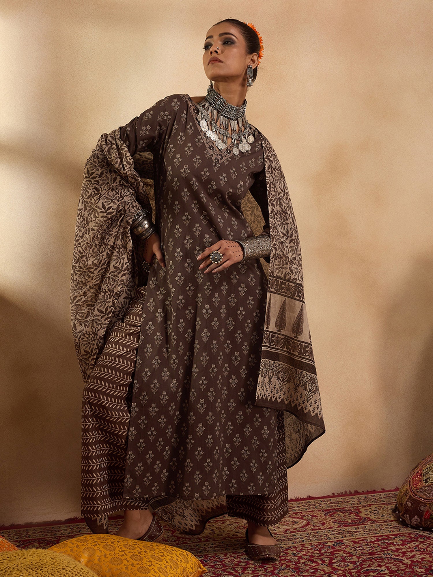 Brown Printed Straight Kurta Palazzos With Dupatta set