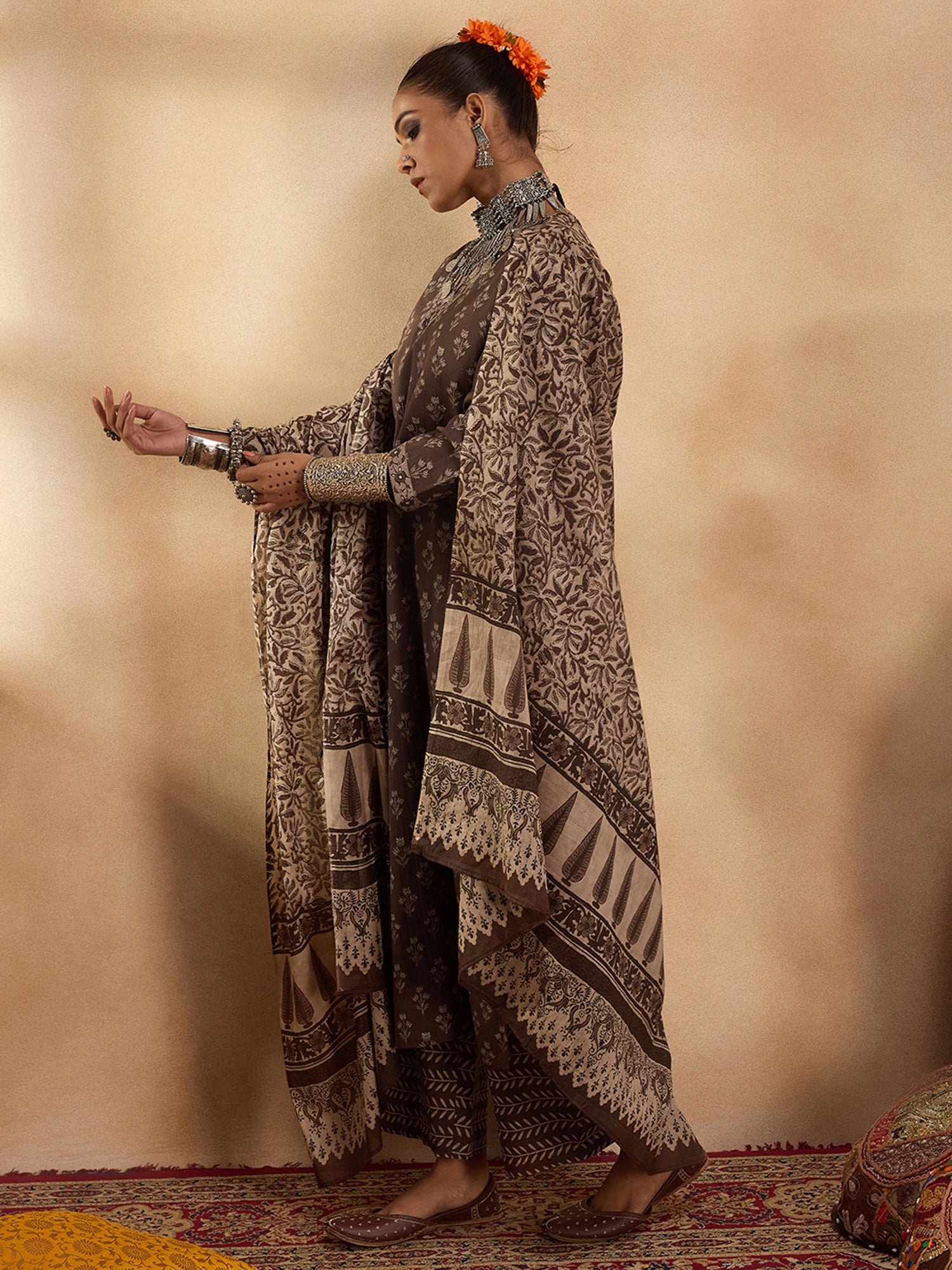 Brown Printed Straight Kurta Palazzos With Dupatta set