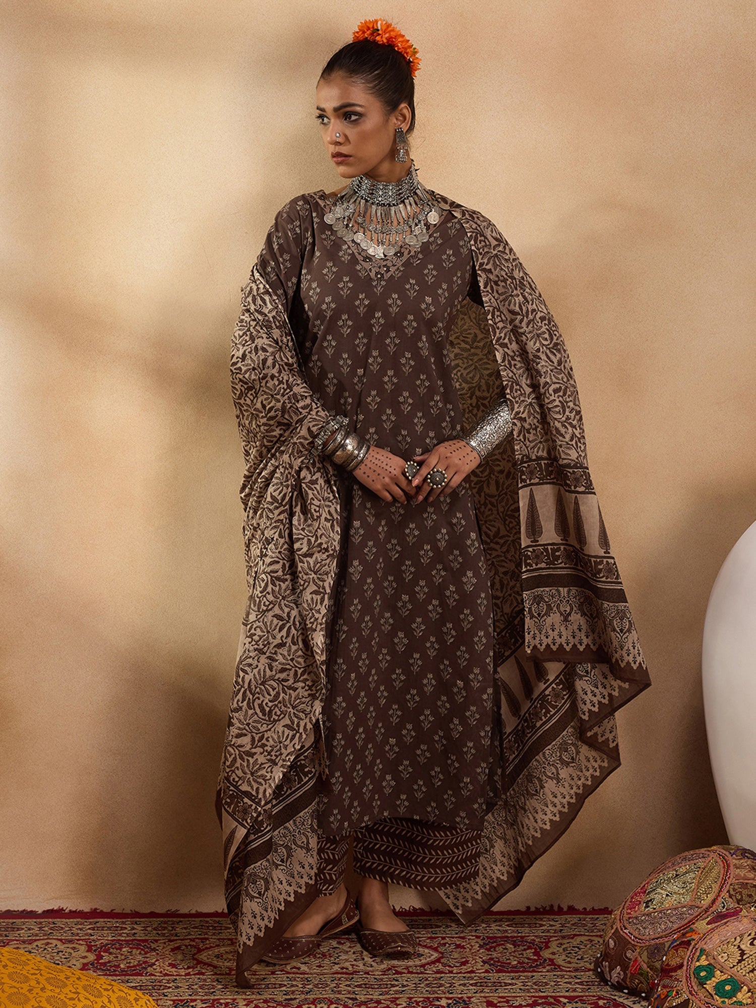 Brown Printed Straight Kurta Palazzos With Dupatta set