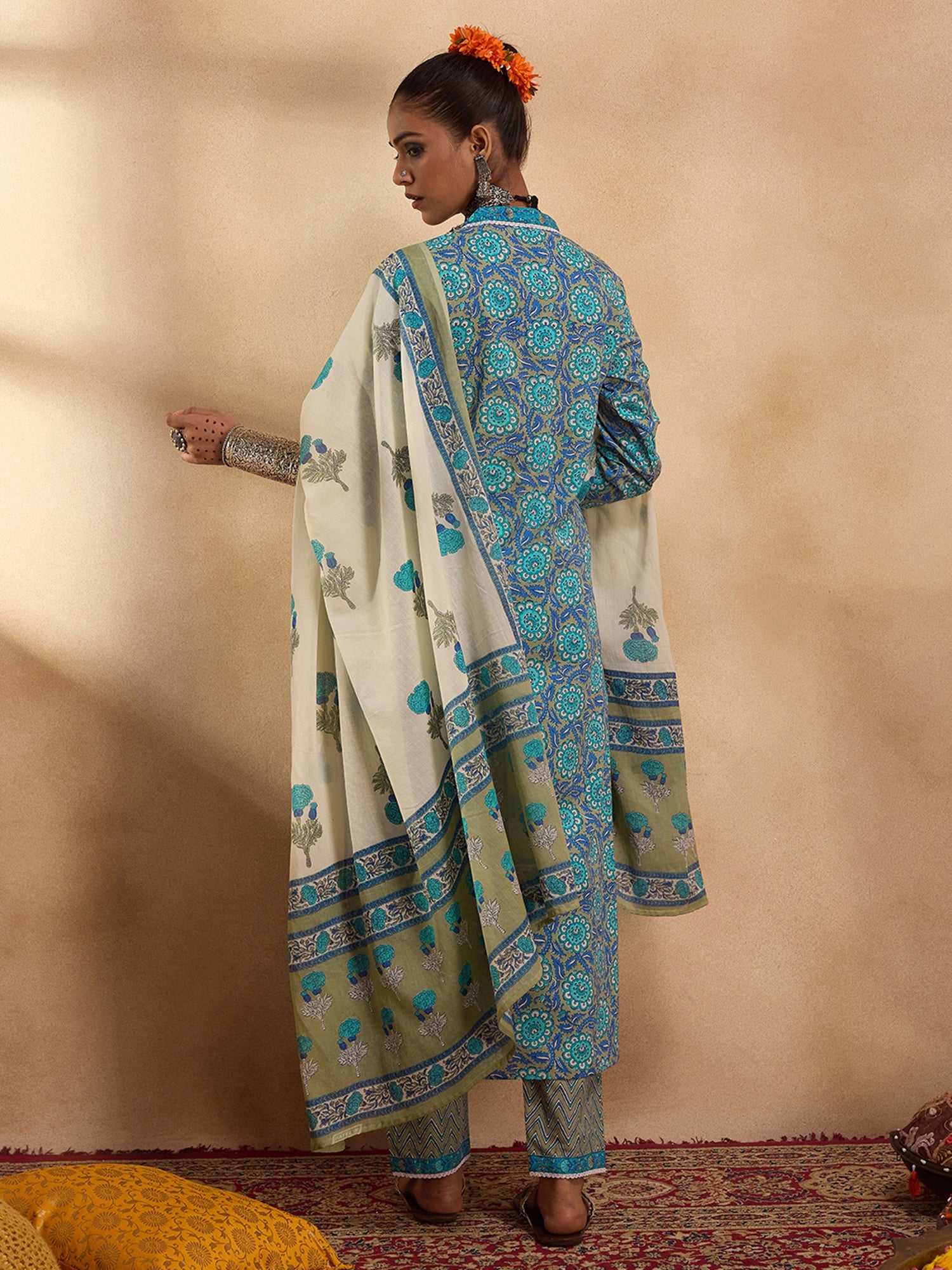 Blue Printed Straight Kurta Trousers With Dupatta Set