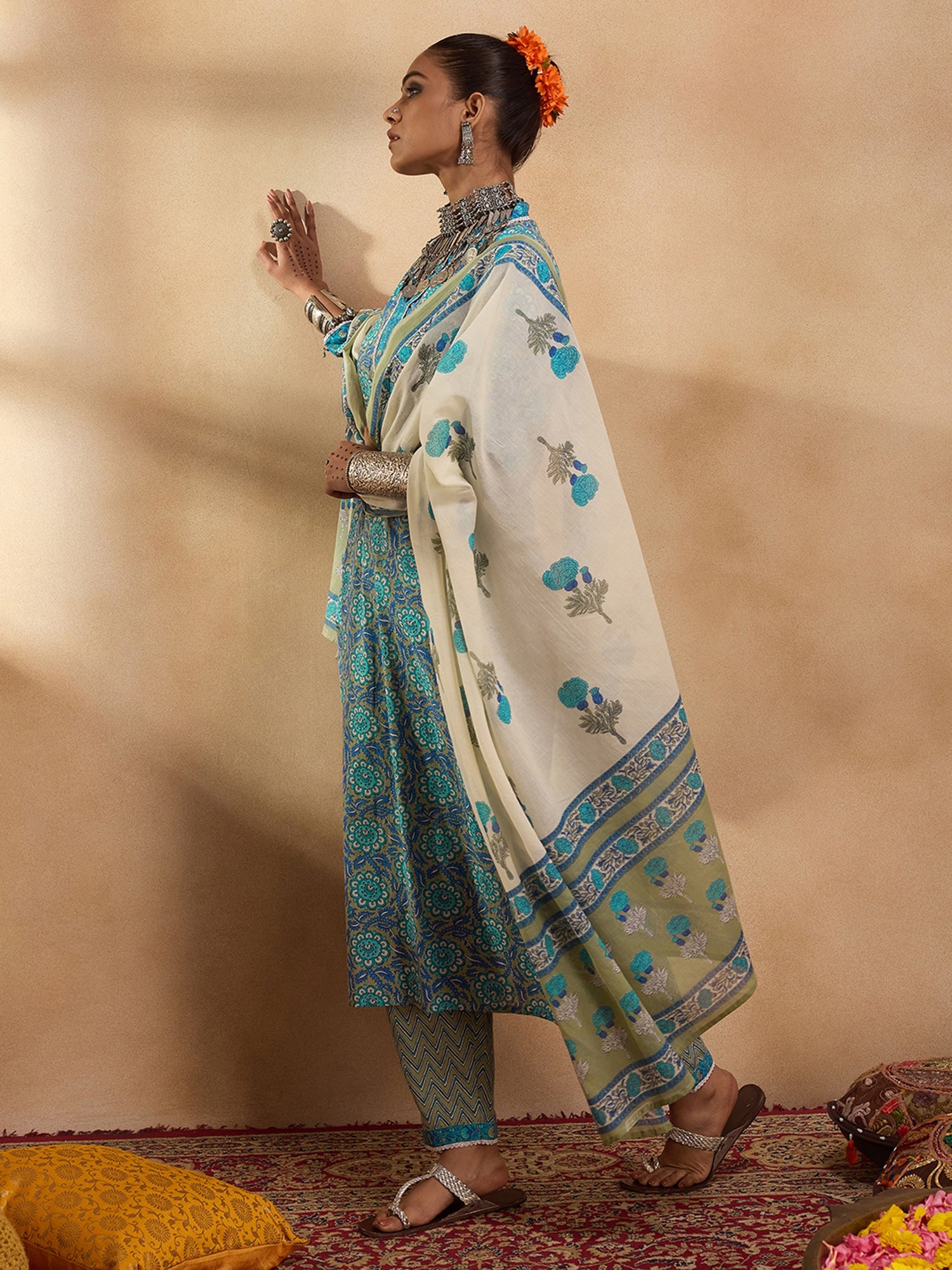 Blue Printed Straight Kurta Trousers With Dupatta Set