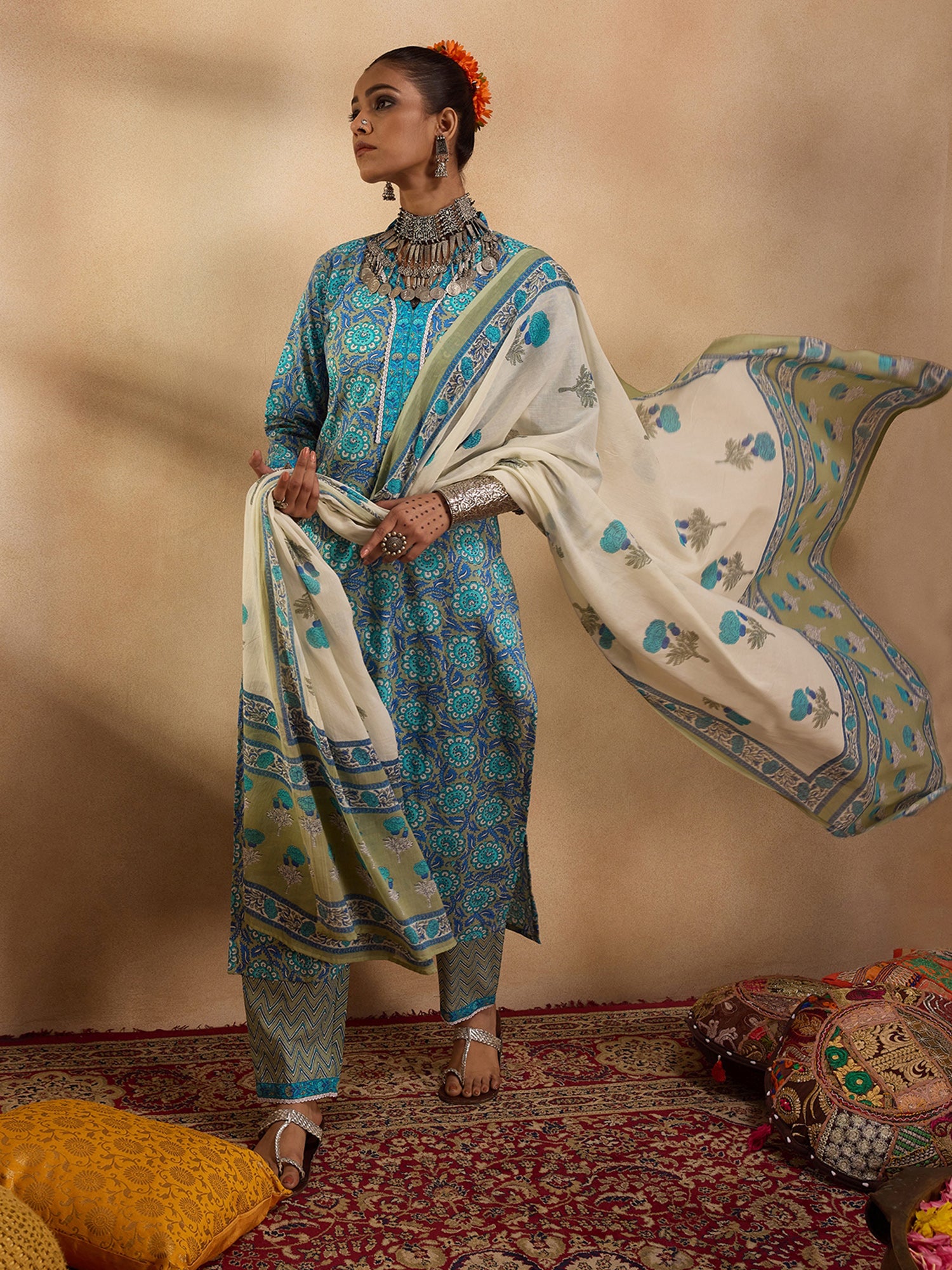 Blue Printed Straight Kurta Trousers With Dupatta Set