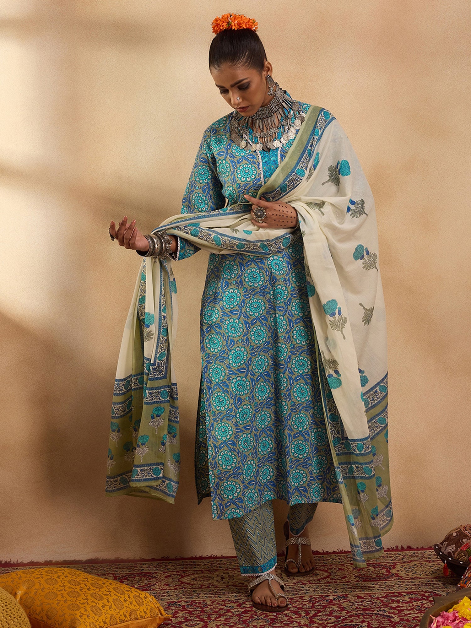 Blue Printed Straight Kurta Trousers With Dupatta Set