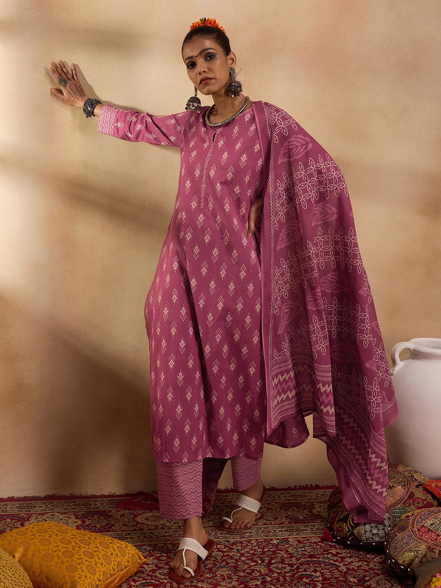 Pink Printed Straight Kurta Trousers With Dupatta Set