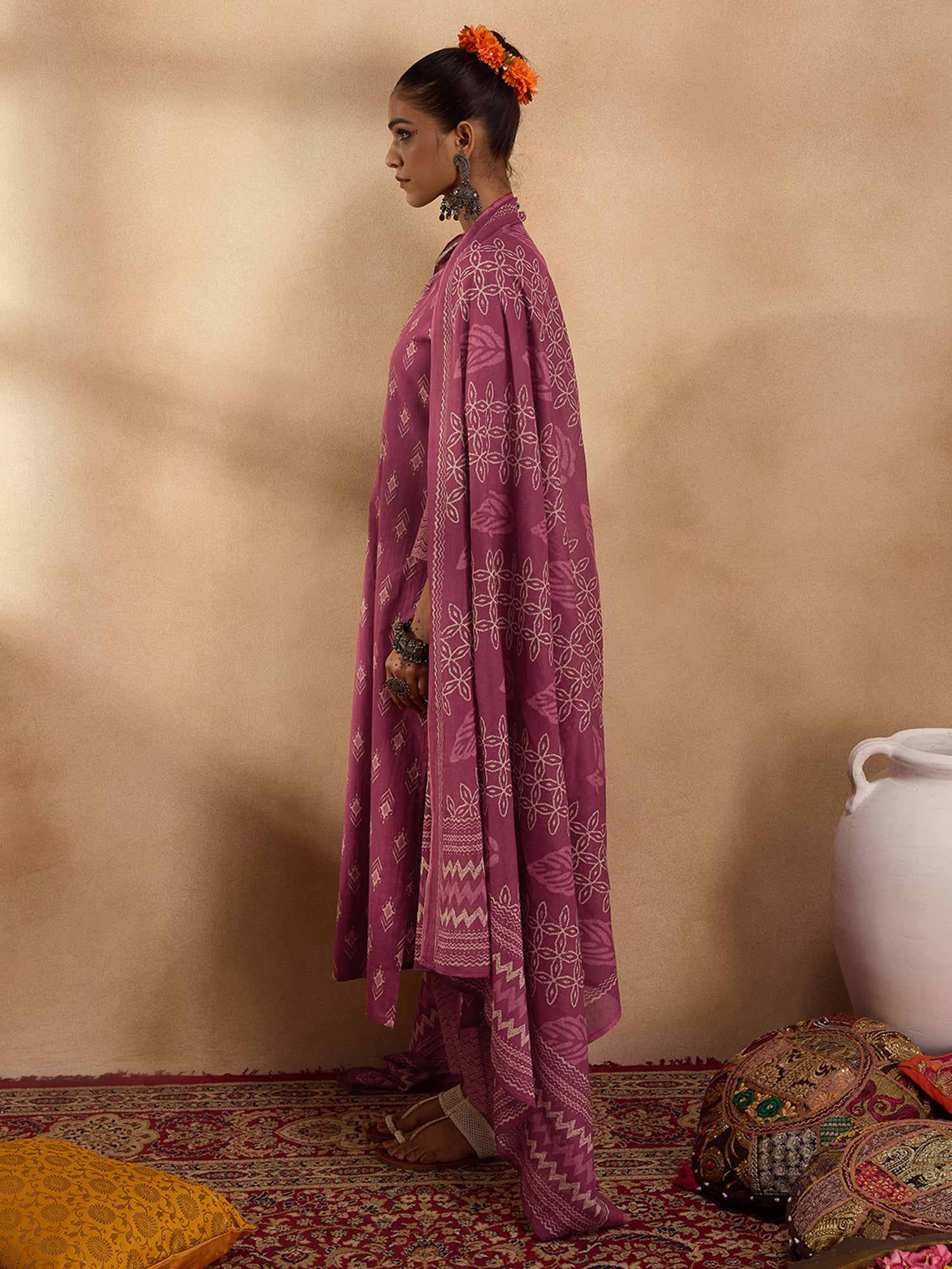 Pink Printed Straight Kurta Trousers With Dupatta Set