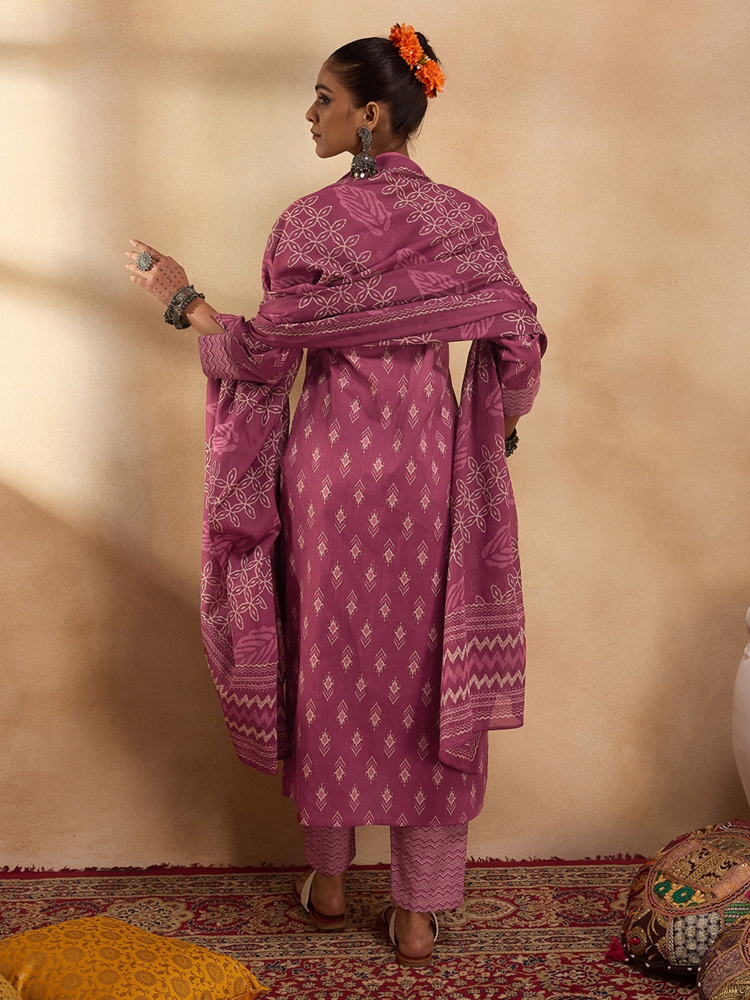 Pink Printed Straight Kurta Trousers With Dupatta Set