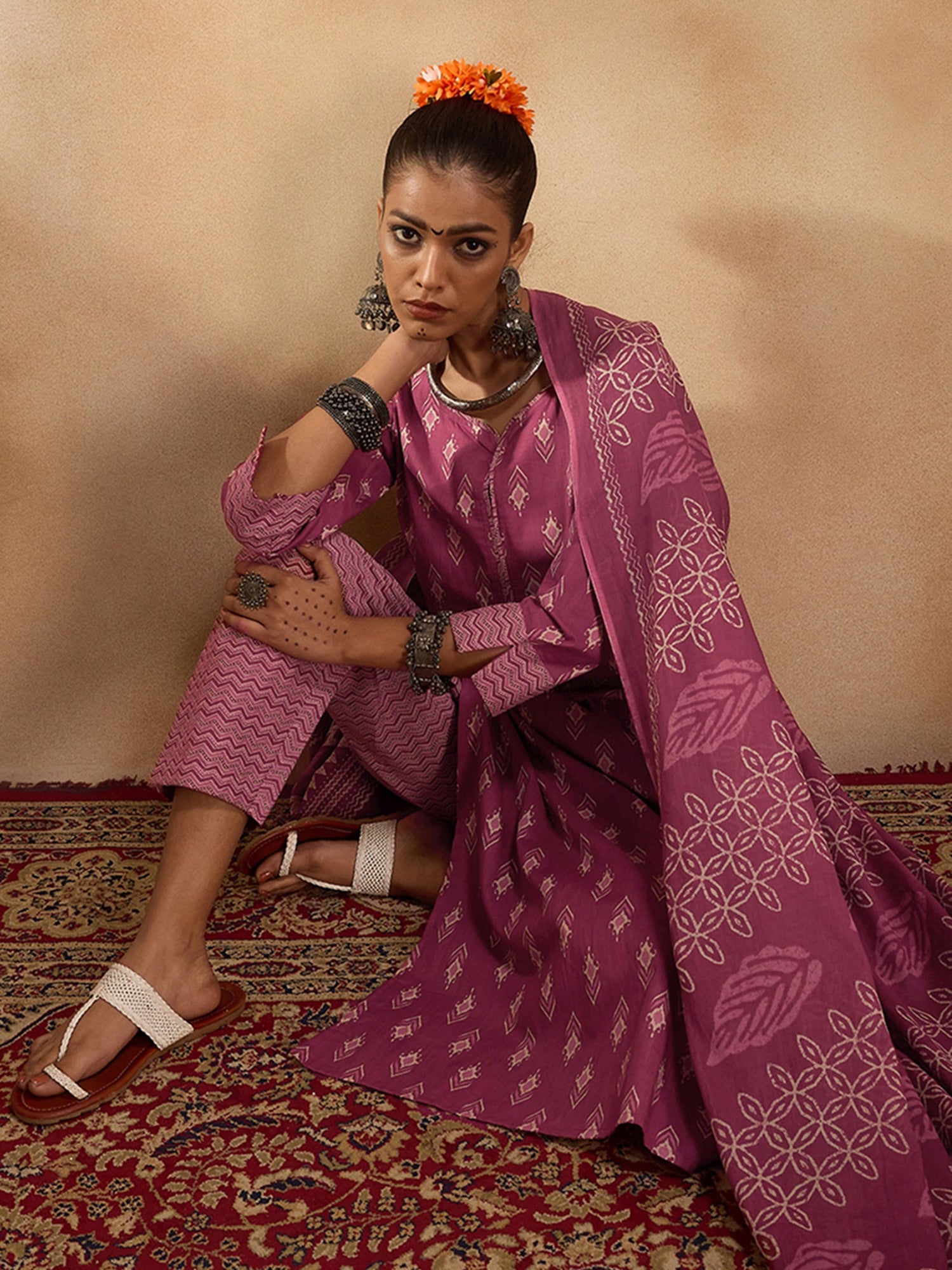 Pink Printed Straight Kurta Trousers With Dupatta Set