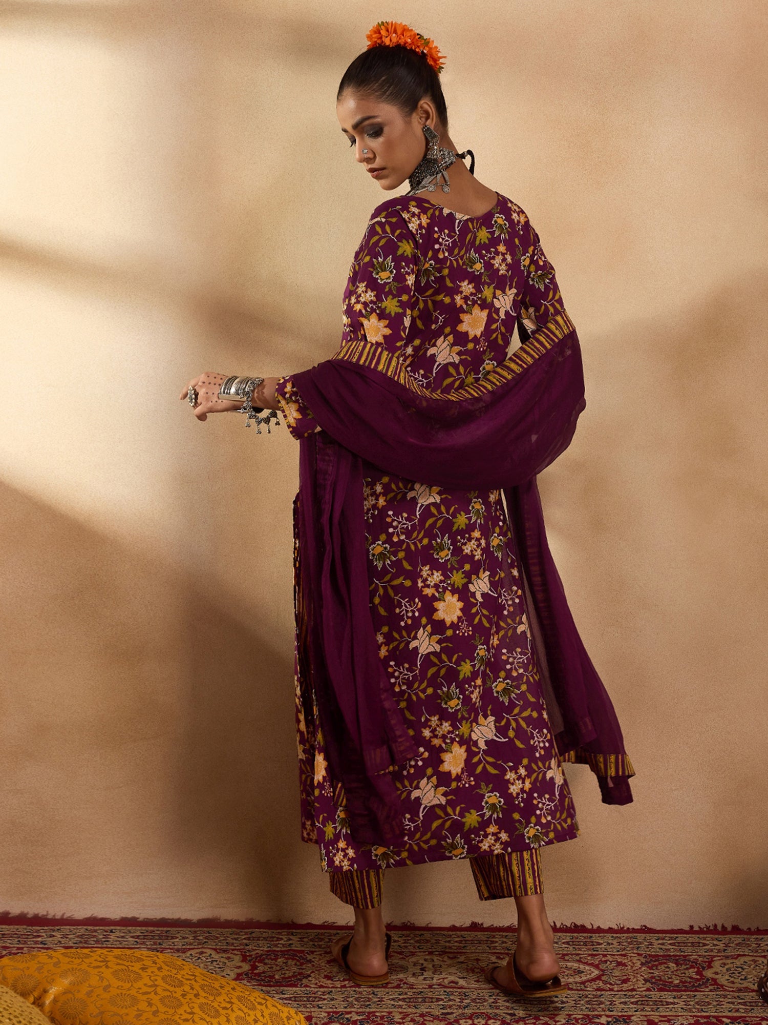 Purple Printed Straight Kurta Trousers With Dupatta set