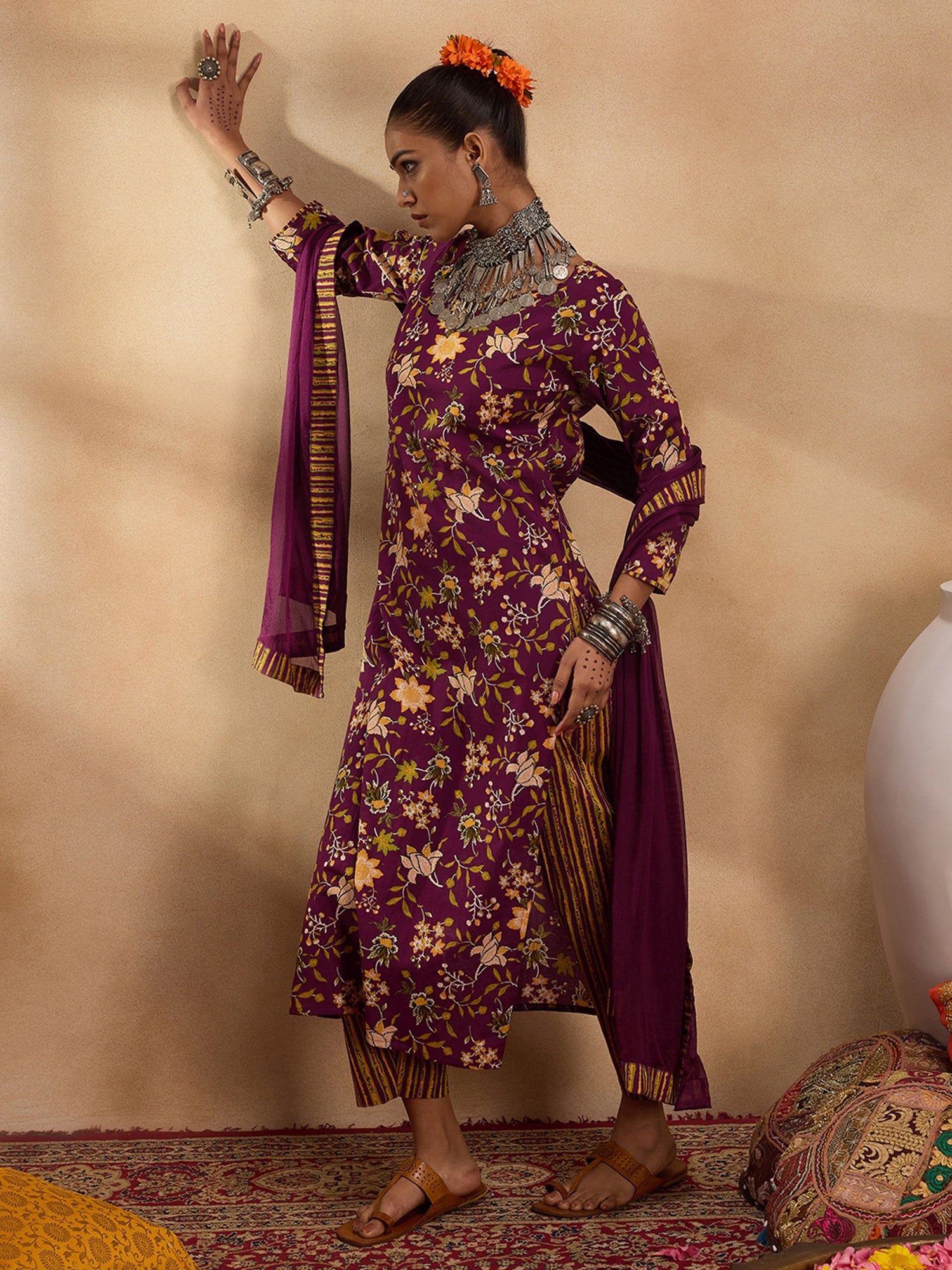 Purple Printed Straight Kurta Trousers With Dupatta set