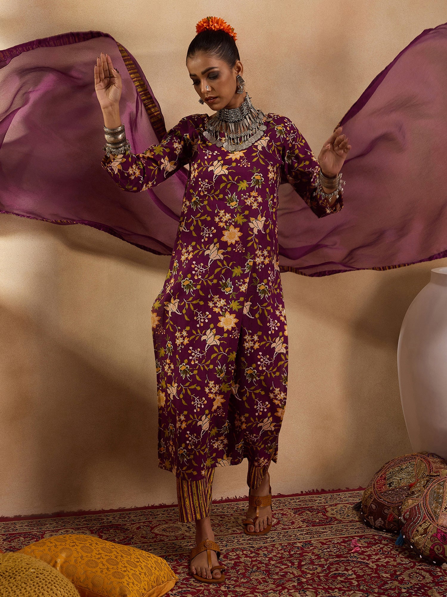 Purple Printed Straight Kurta Trousers With Dupatta set