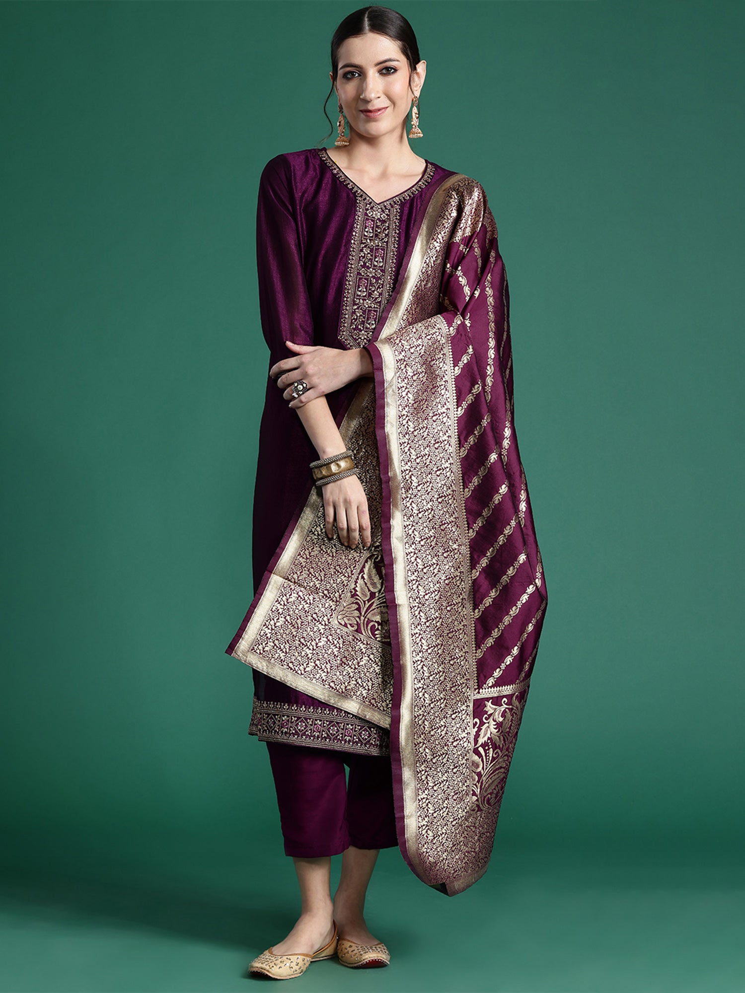 Burgundy Embroidered Straight Kurta Trousers With Dupatta Set