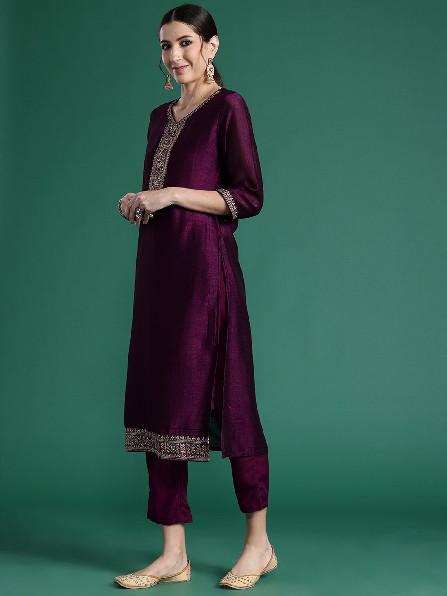 Burgundy Embroidered Straight Kurta Trousers With Dupatta Set