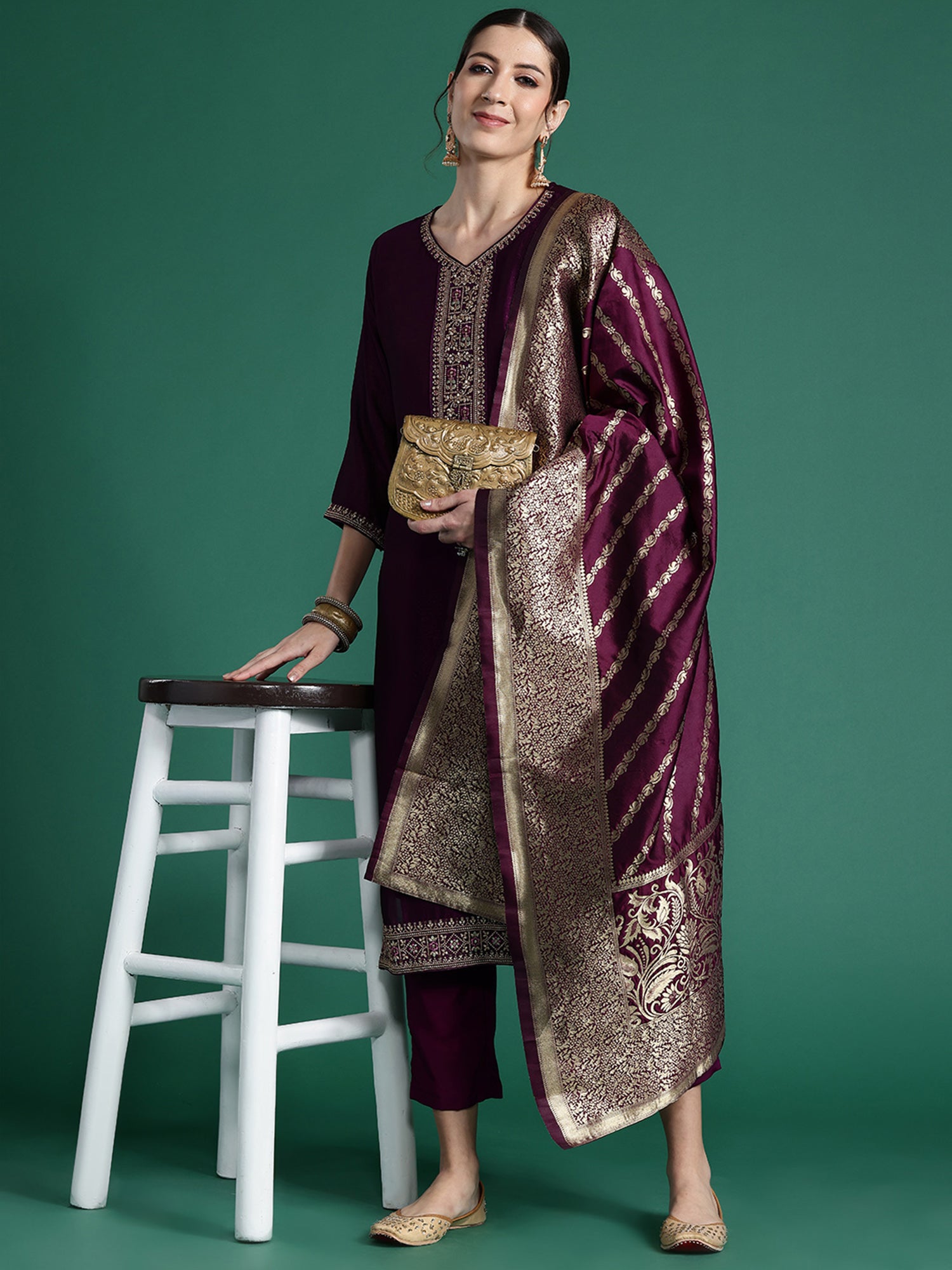 Burgundy Embroidered Straight Kurta Trousers With Dupatta Set