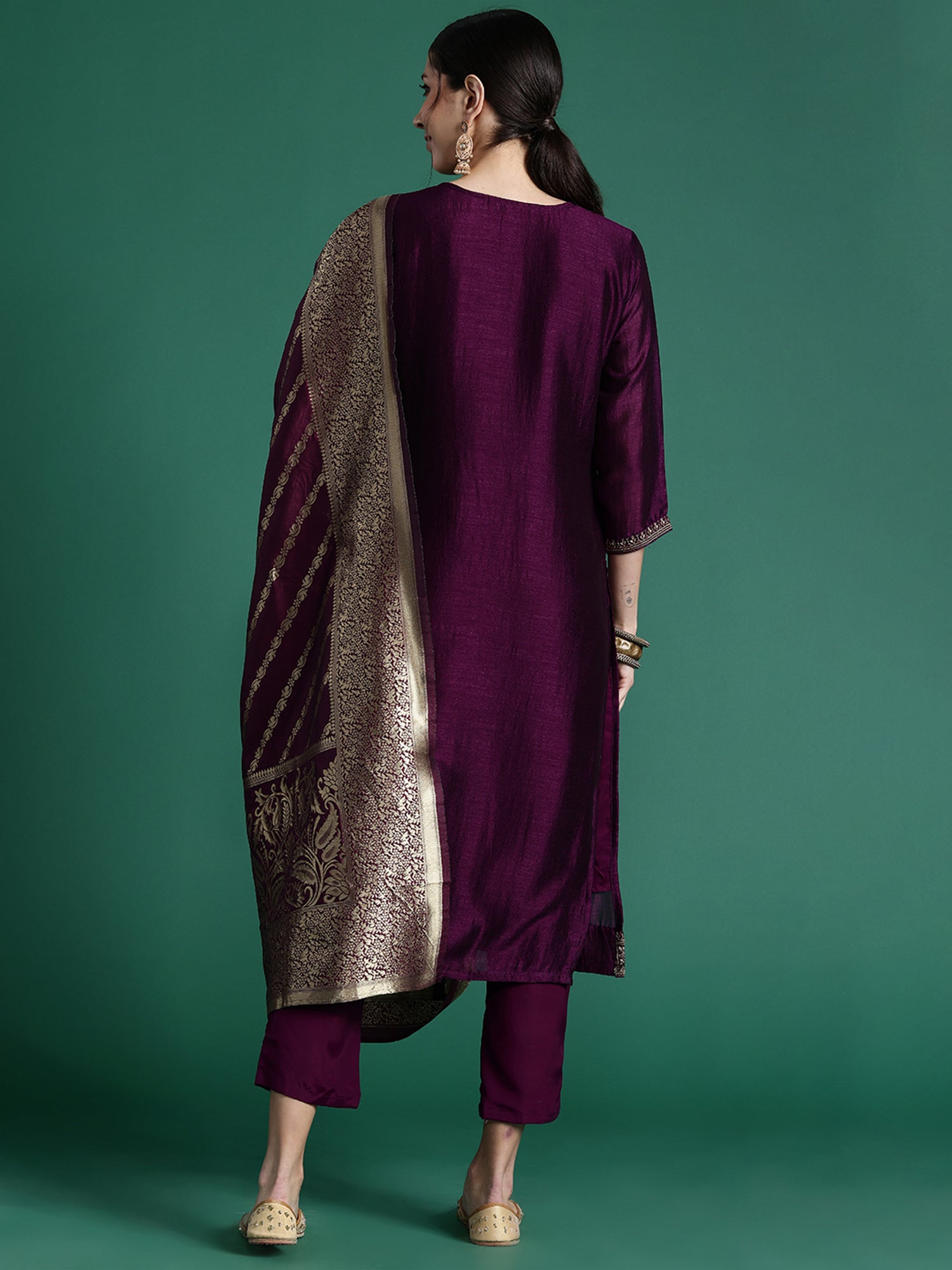 Burgundy Embroidered Straight Kurta Trousers With Dupatta Set