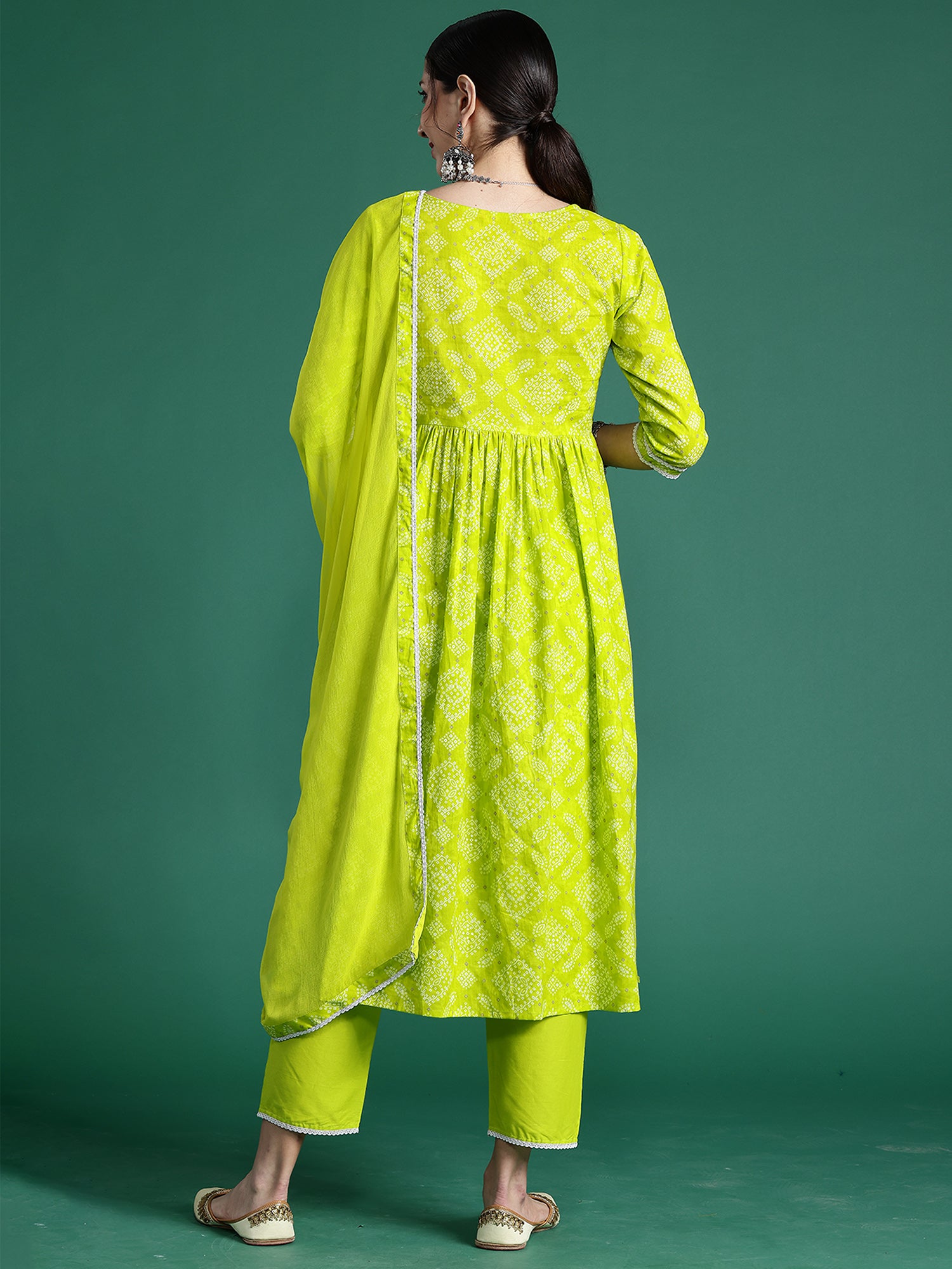 Green Printed A-Line Kurta Trousers With Dupatta set
