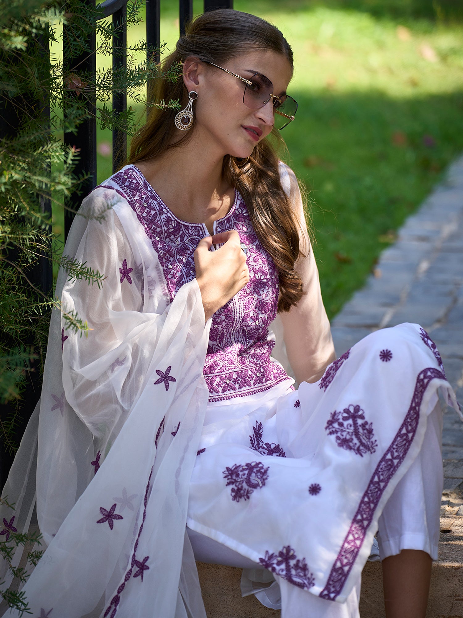 White Embroidered Straight Kurta Trousers With Dupatta Set