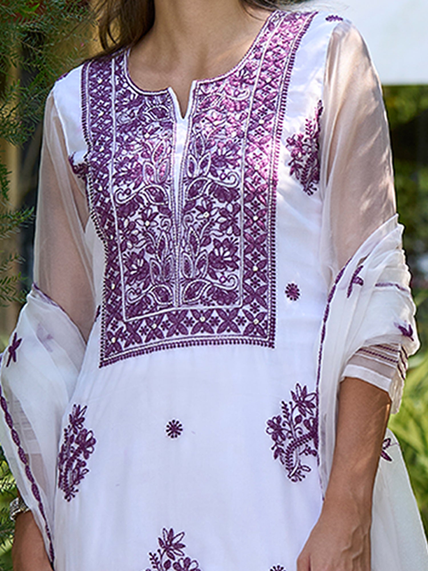 White Embroidered Straight Kurta Trousers With Dupatta Set