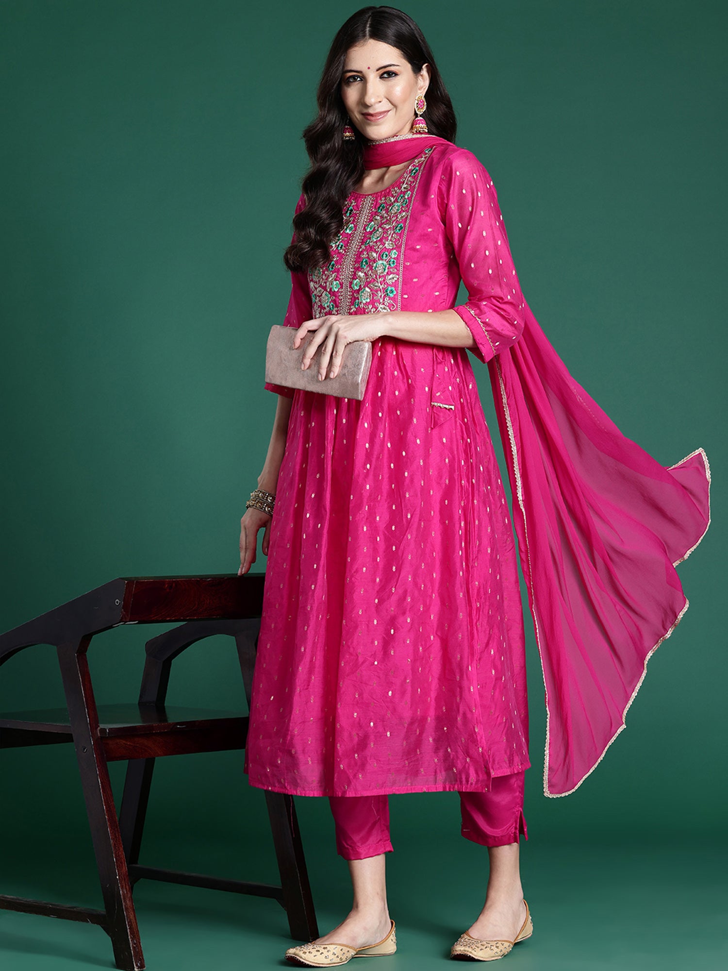 Pink Embroidered A-Line Kurta Trousers With Dupatta Set