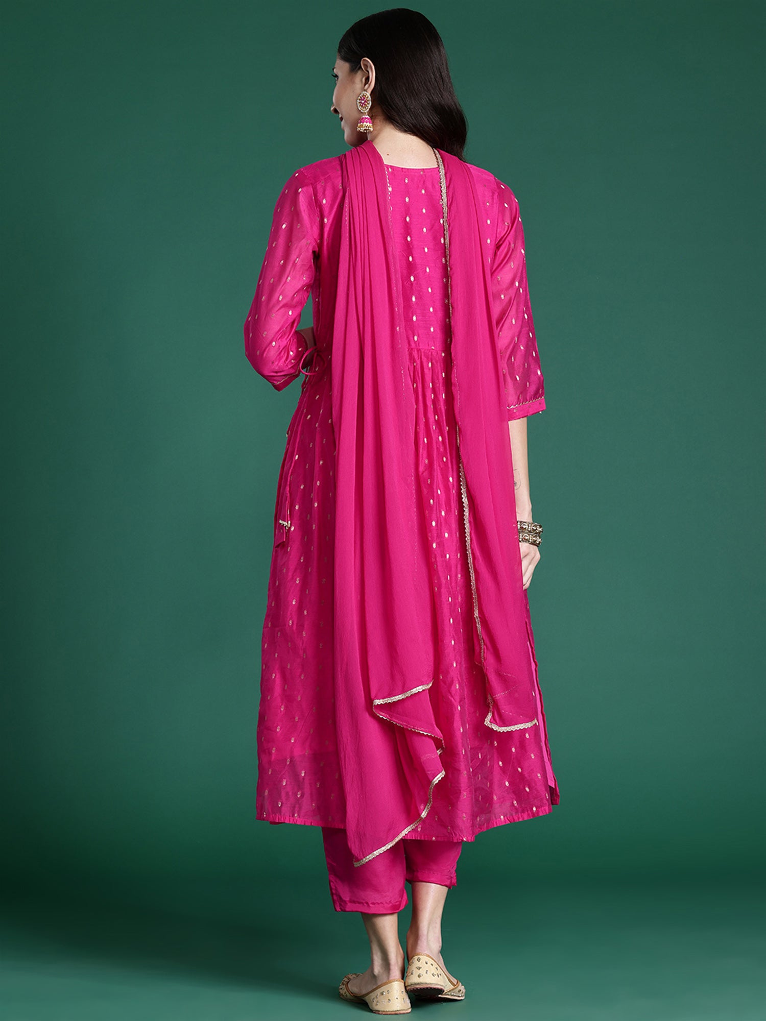 Pink Embroidered A-Line Kurta Trousers With Dupatta Set