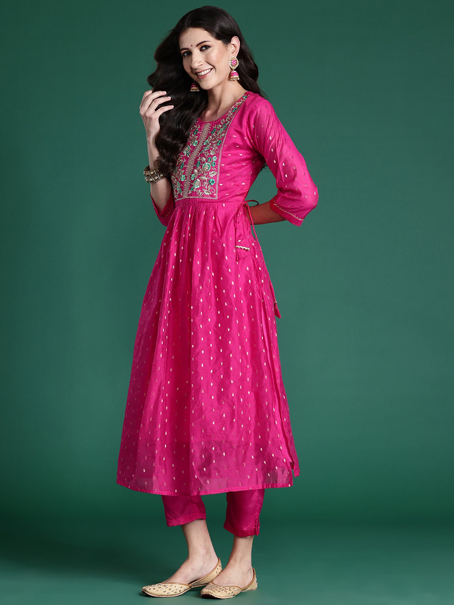 Pink Embroidered A-Line Kurta Trousers With Dupatta Set