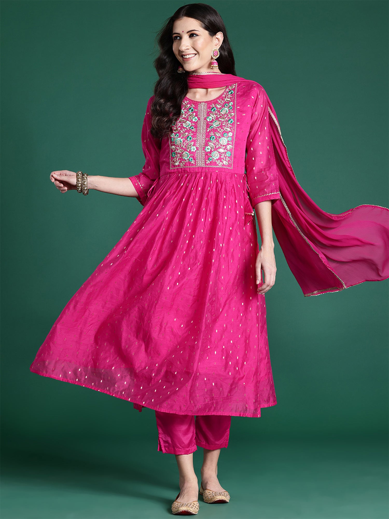 Pink Embroidered A-Line Kurta Trousers With Dupatta Set