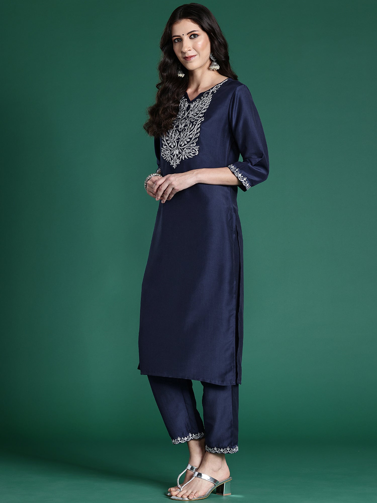 Navy Blue Embroidered Straight Kurta Trousers With Dupatta set