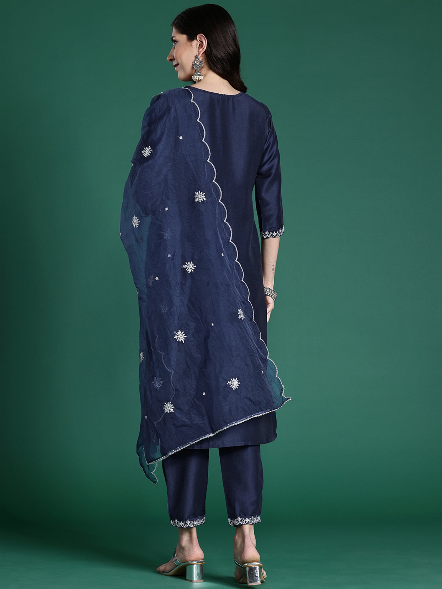 Navy Blue Embroidered Straight Kurta Trousers With Dupatta set