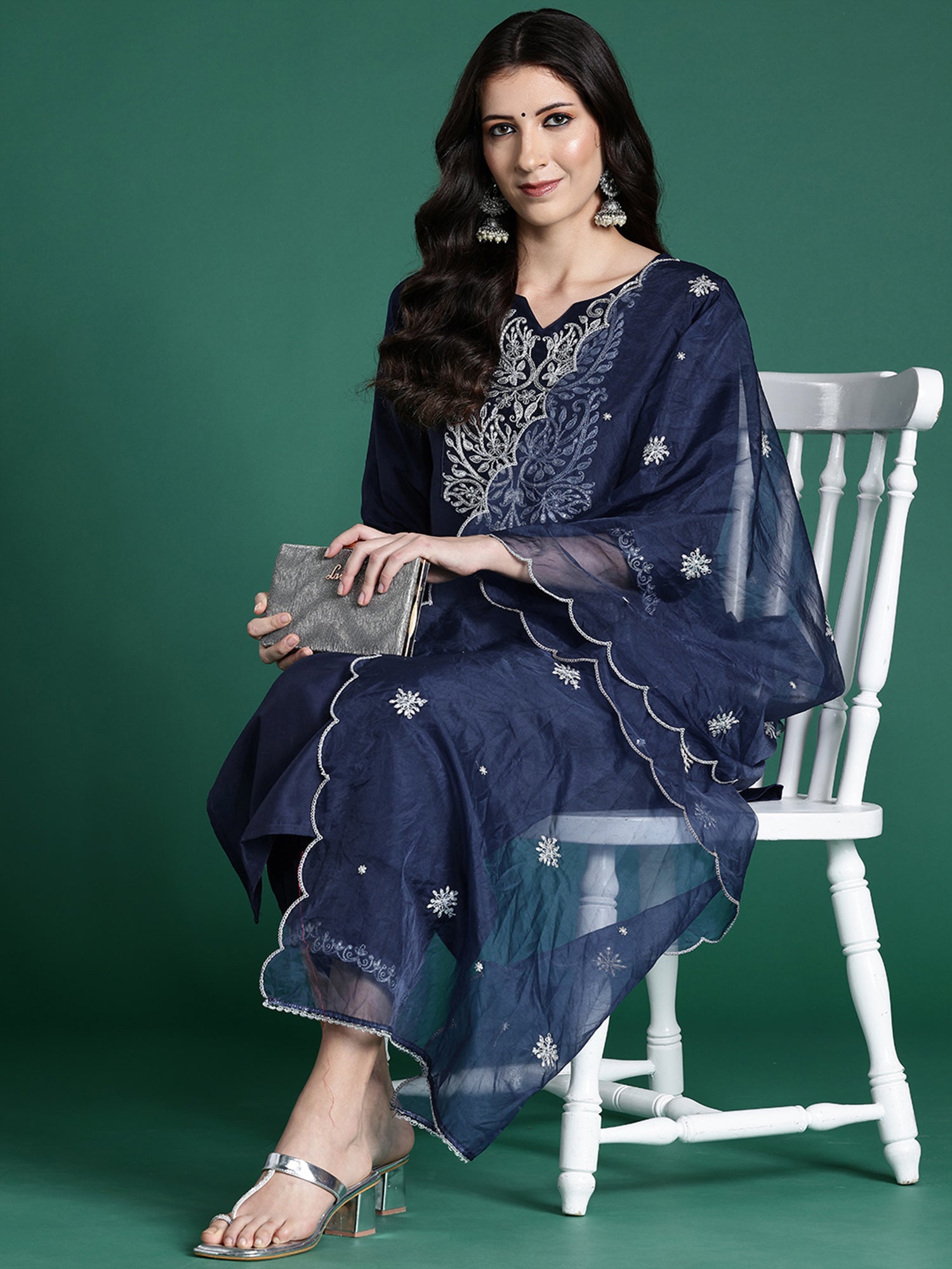 Navy Blue Embroidered Straight Kurta Trousers With Dupatta set