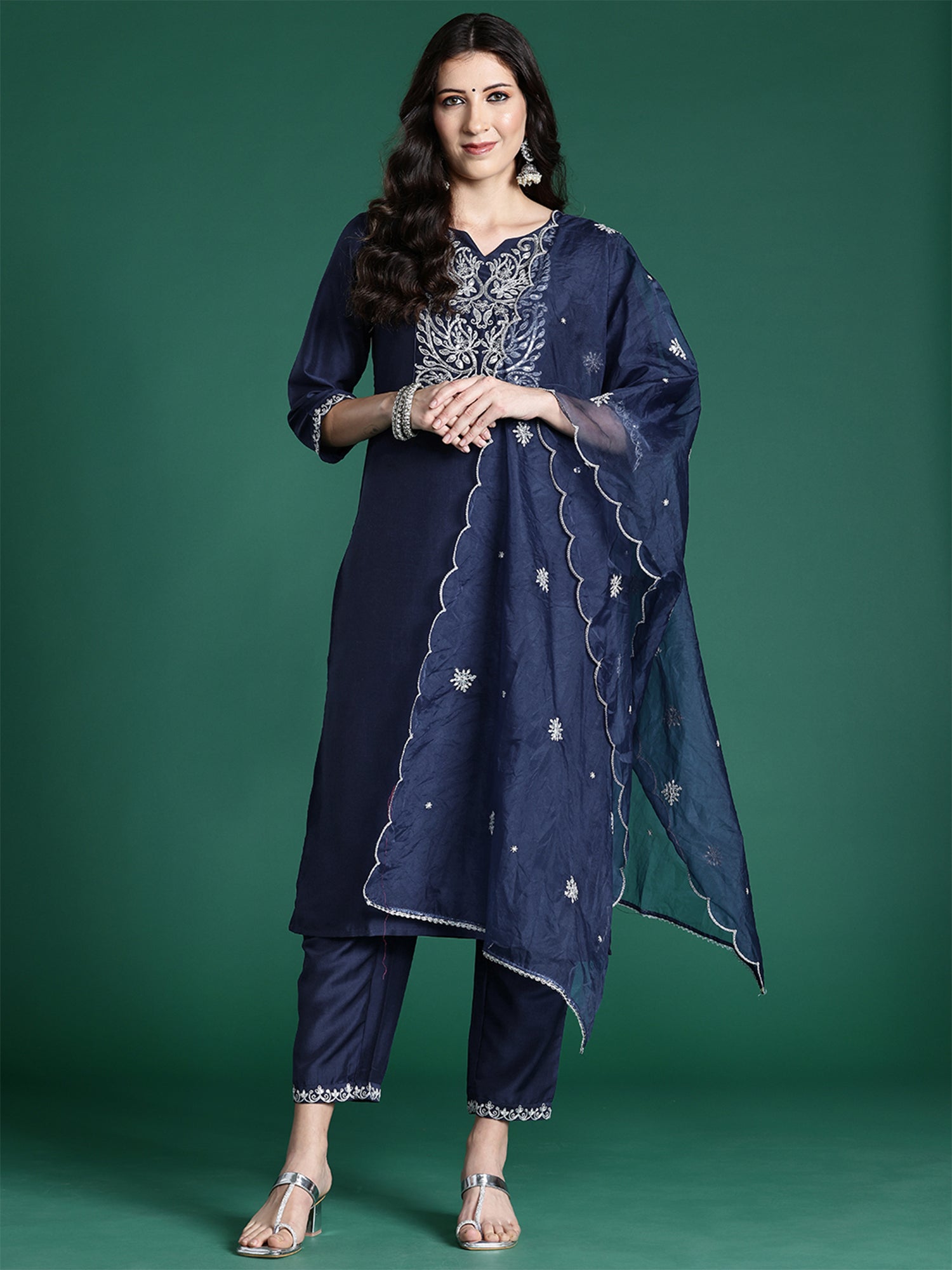 Navy Blue Embroidered Straight Kurta Trousers With Dupatta set