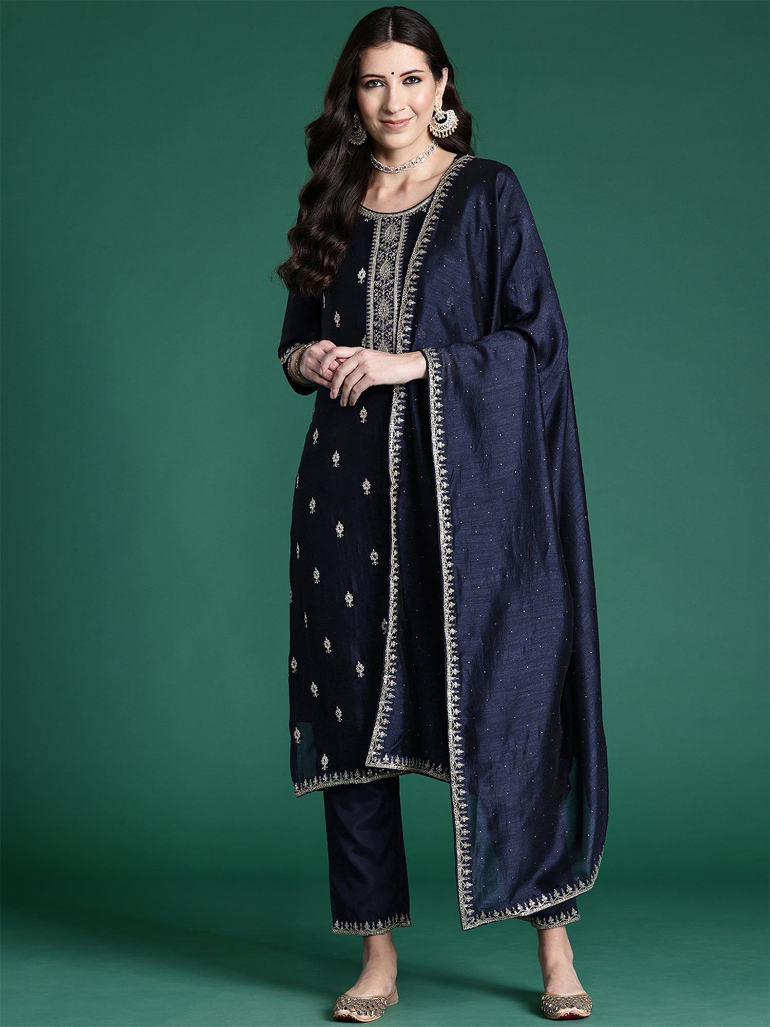 Navy Blue Embroidered Straight Kurta Trousers With Dupatta set