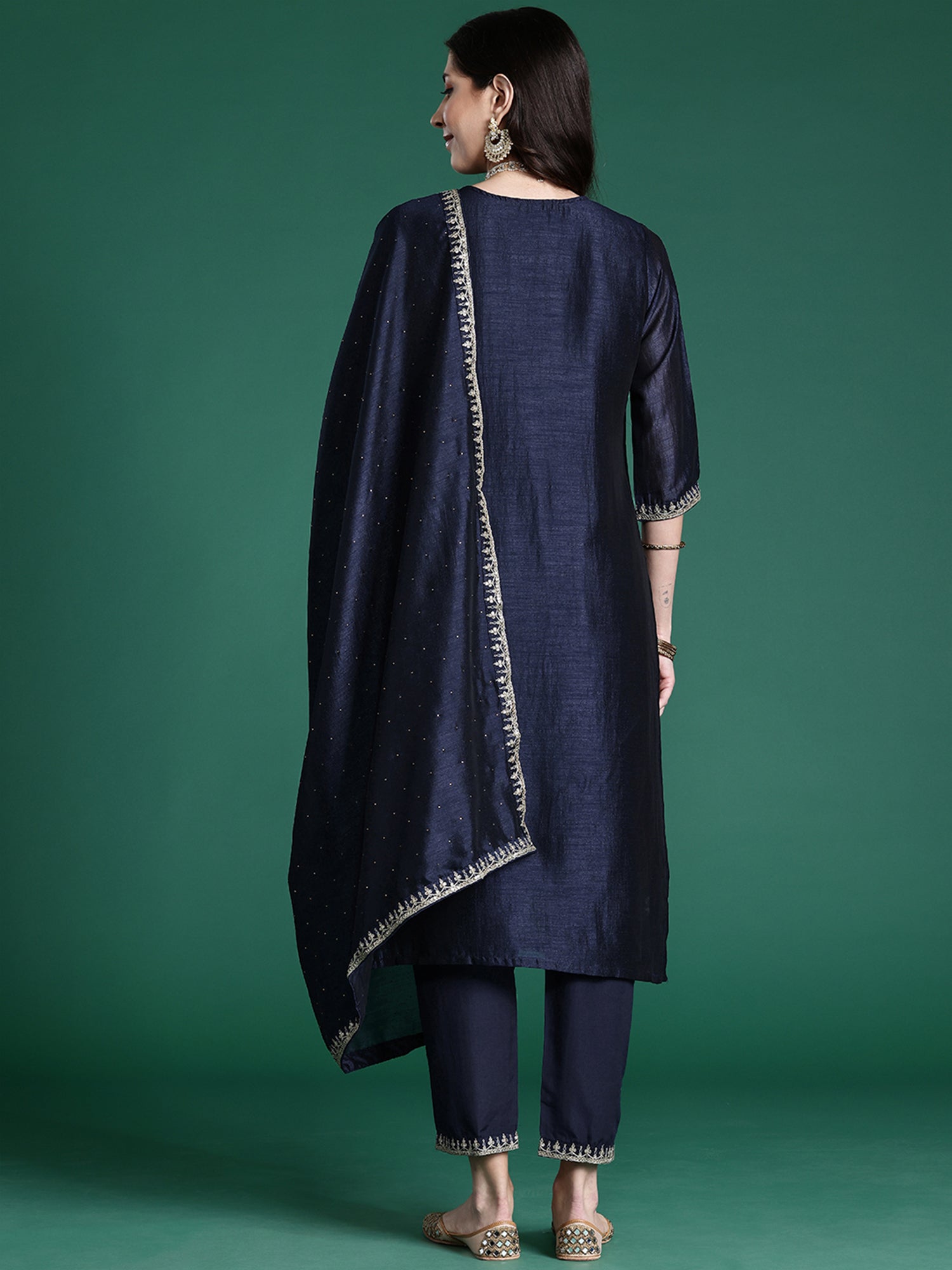 Navy Blue Embroidered Straight Kurta Trousers With Dupatta set
