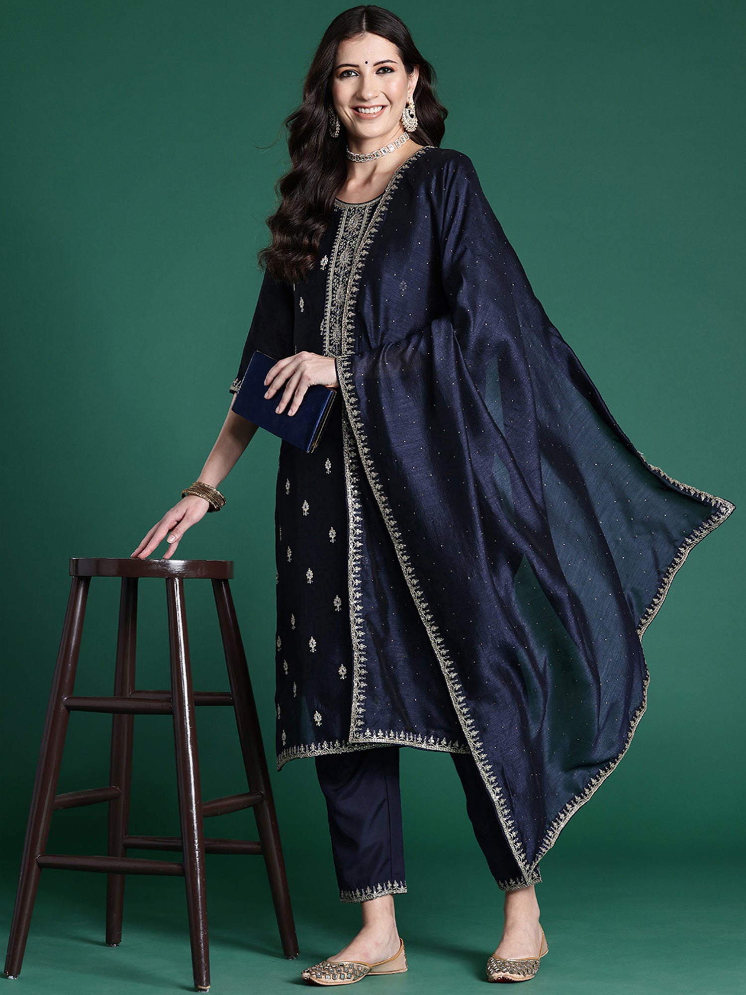 Navy Blue Embroidered Straight Kurta Trousers With Dupatta set