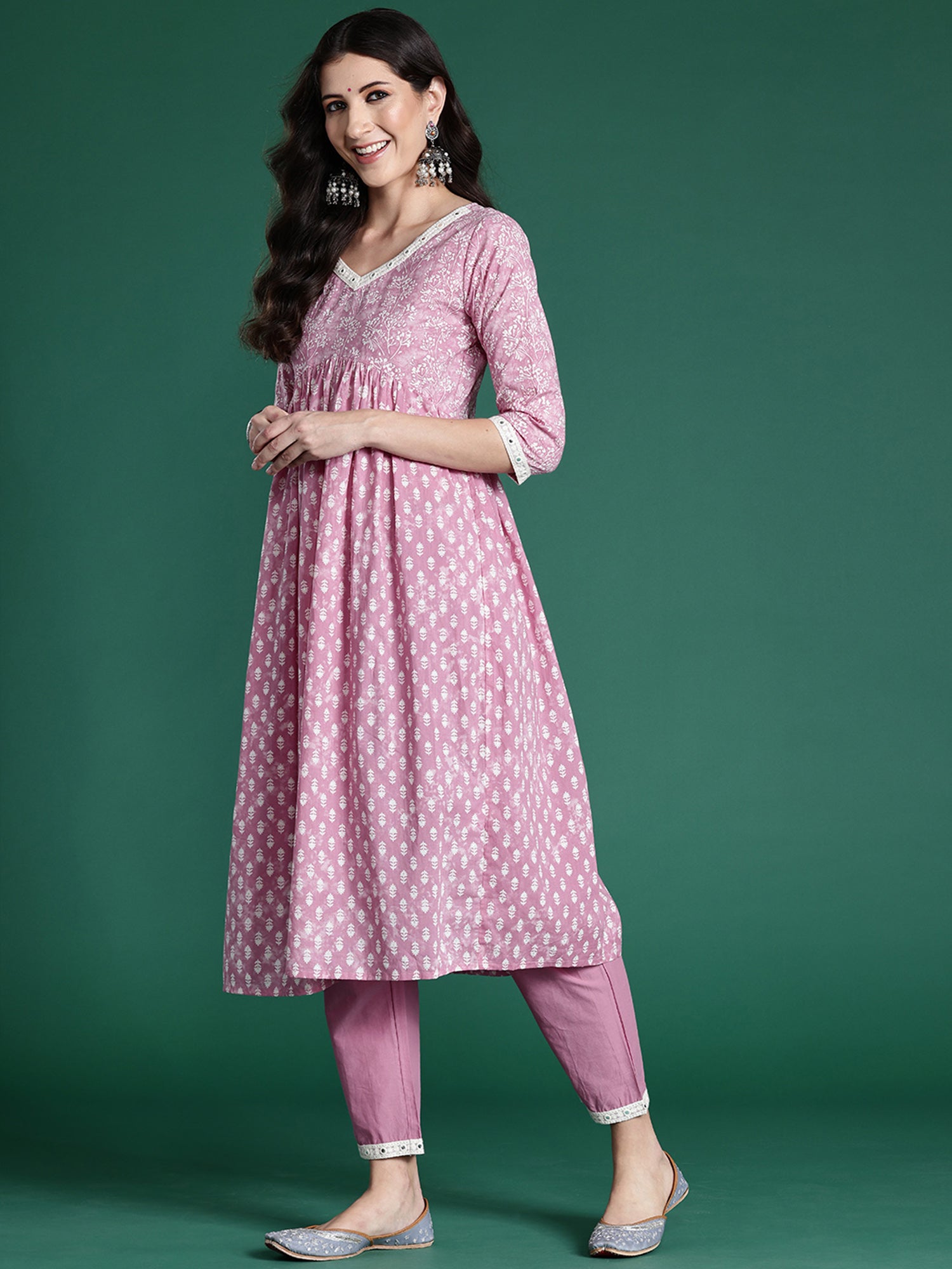 Pink Printed A-Line Kurta Trousers With Dupatta set