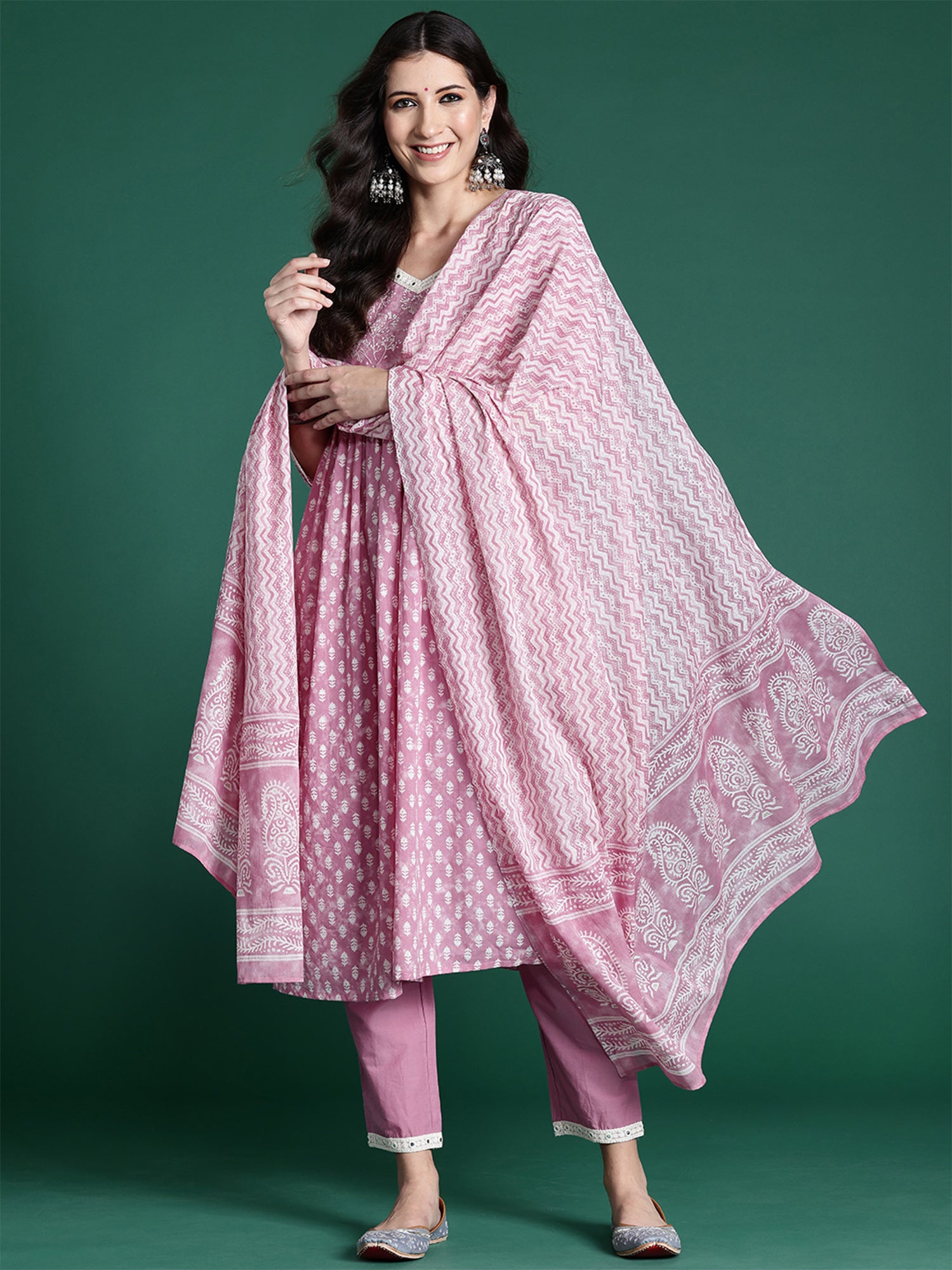 Pink Printed A-Line Kurta Trousers With Dupatta set