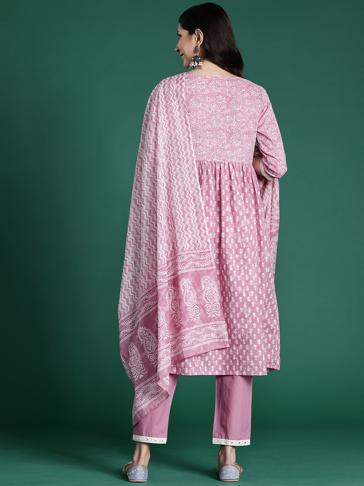 Pink Printed A-Line Kurta Trousers With Dupatta set