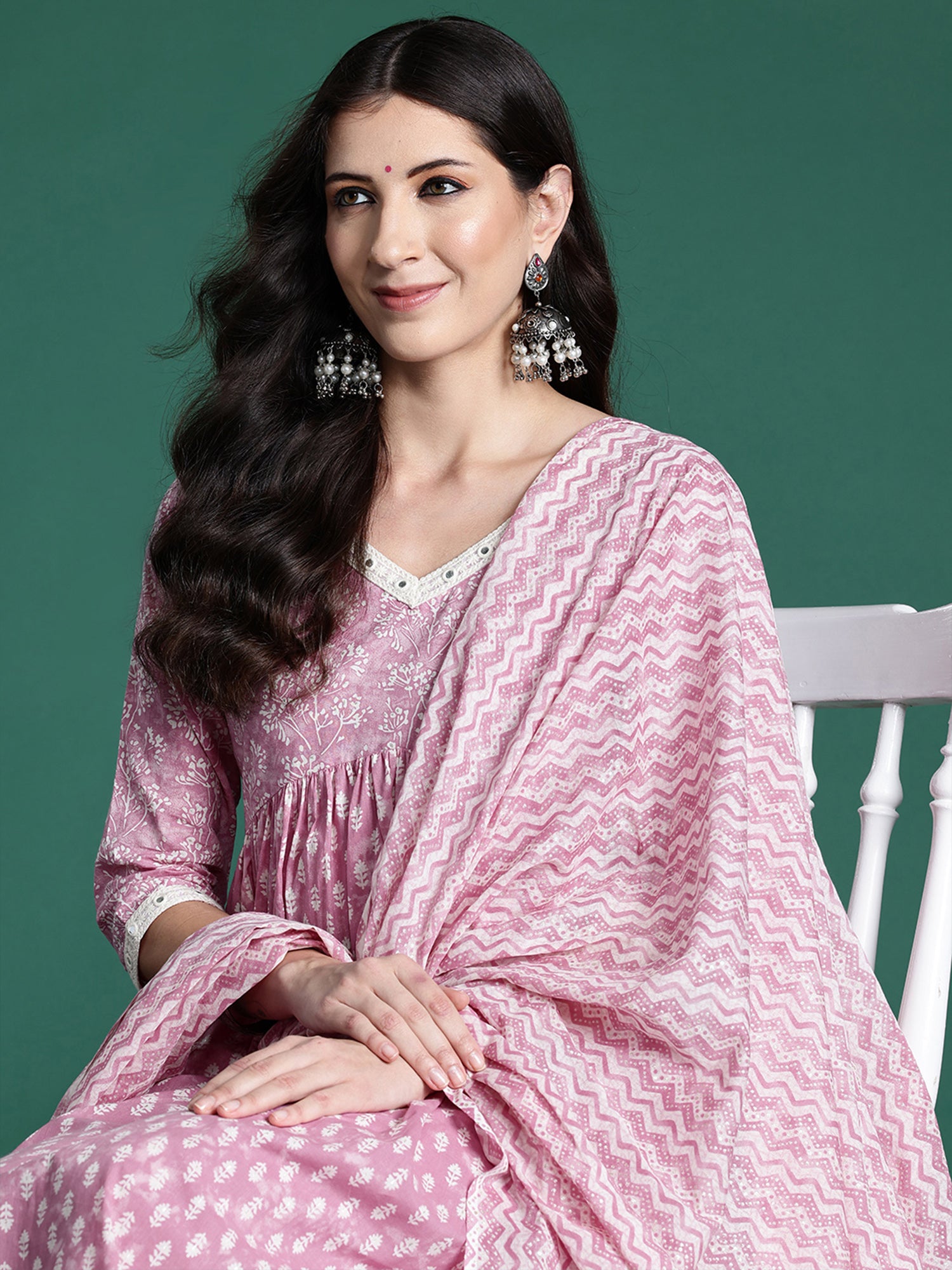 Pink Printed A-Line Kurta Trousers With Dupatta set