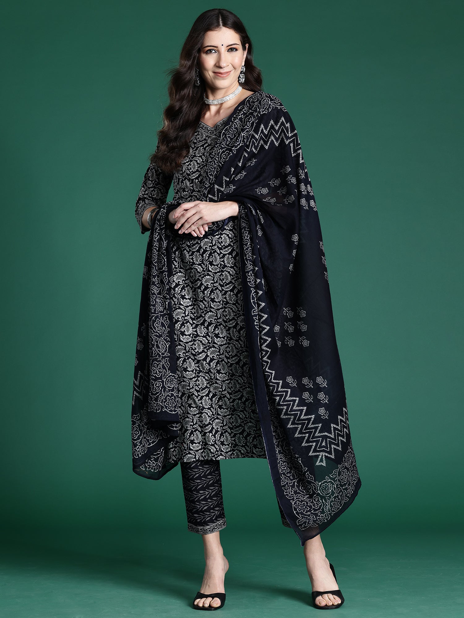 Black Printed Straight Kurta Trousers With Dupatta Set